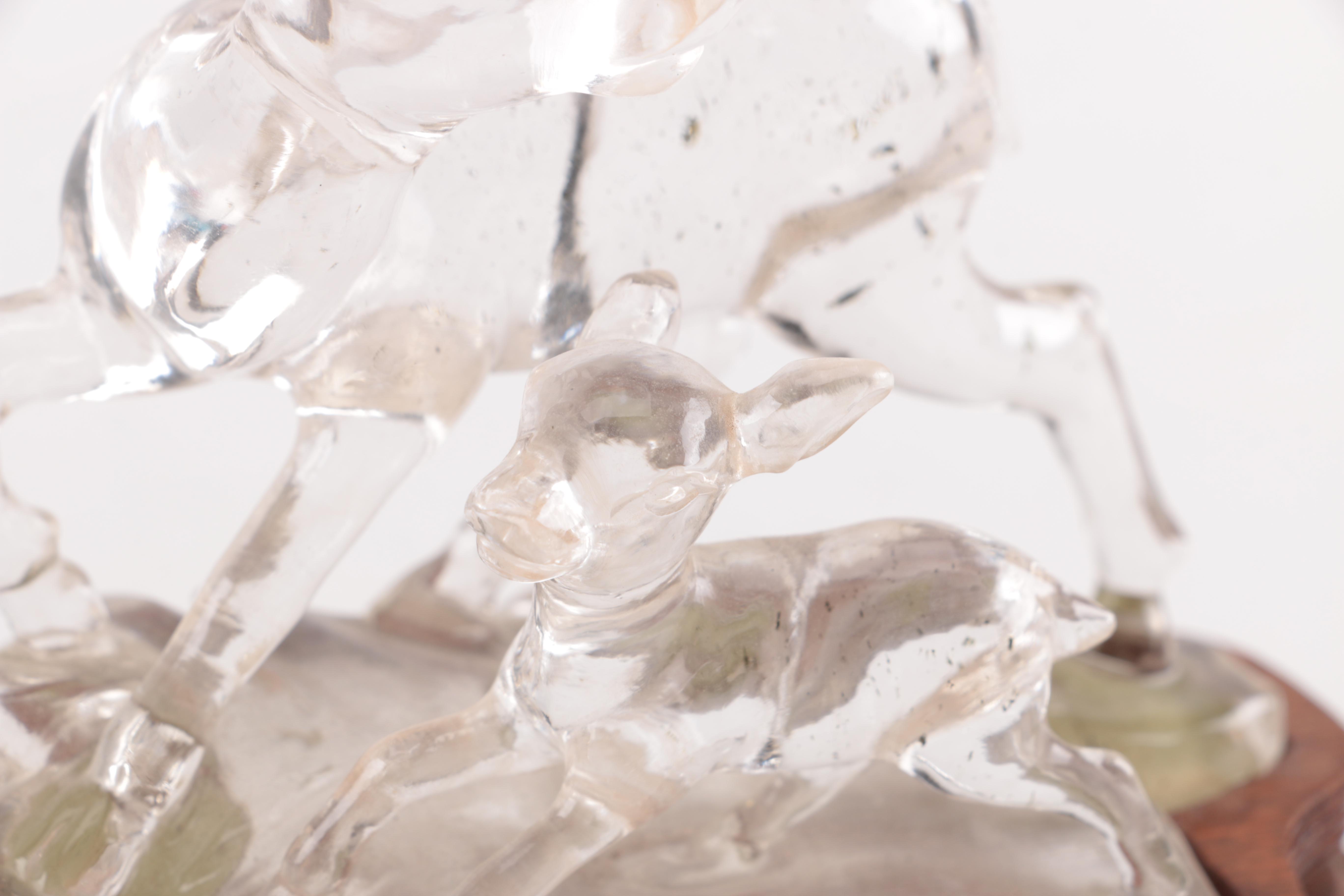 Rock Crystal Buck and Fawn Figurine with Stand