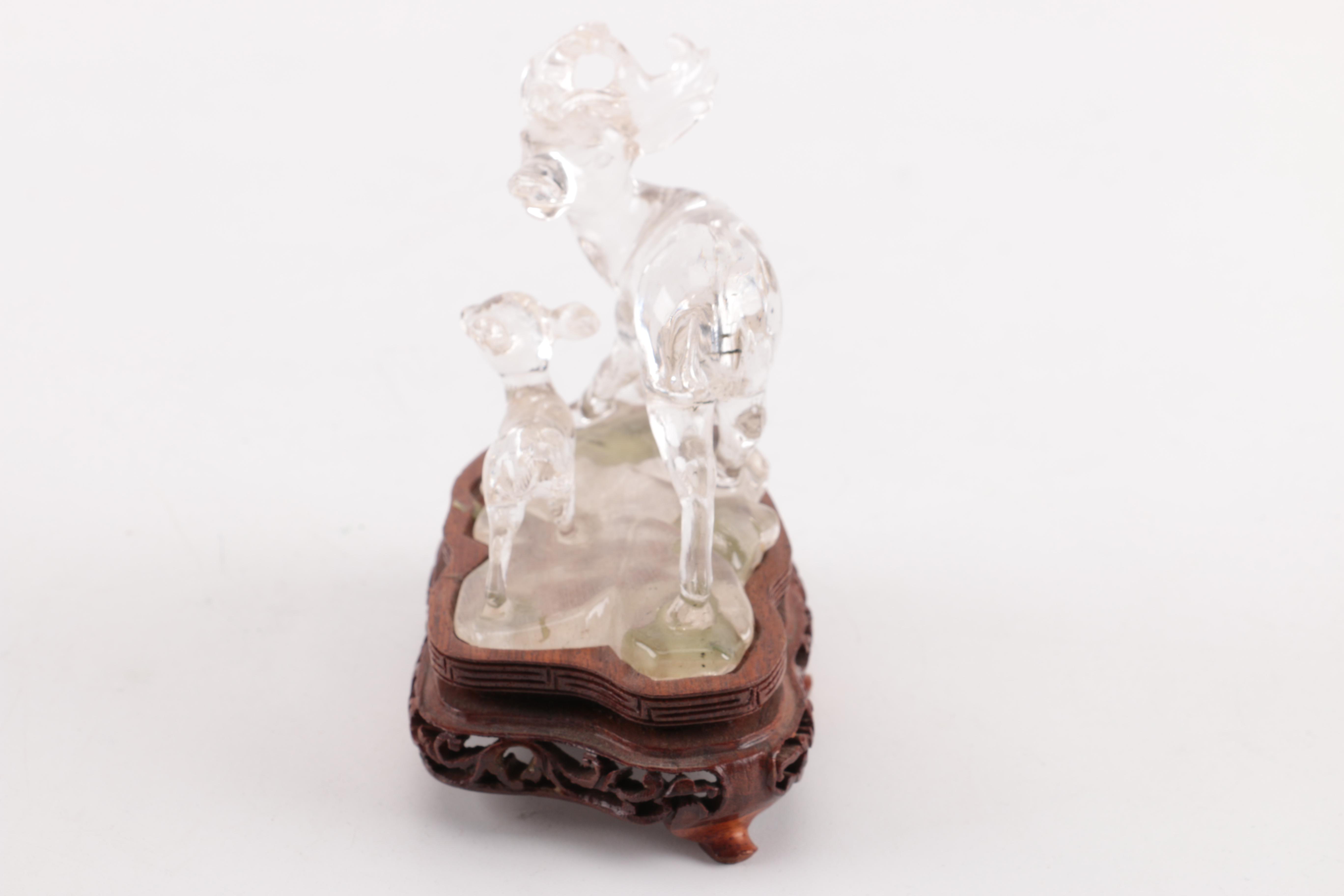 Rock Crystal Buck and Fawn Figurine with Stand