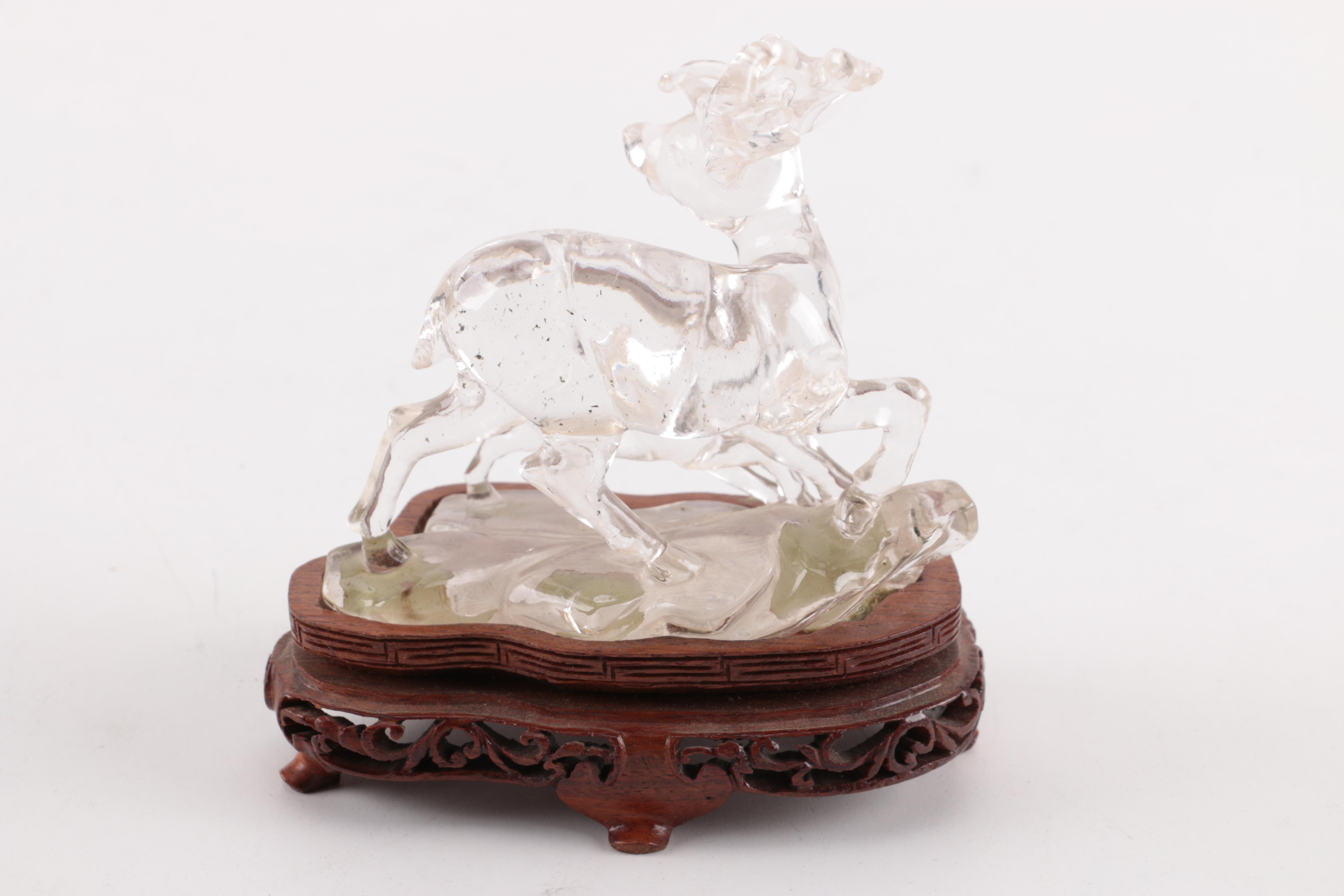 Rock Crystal Buck and Fawn Figurine with Stand