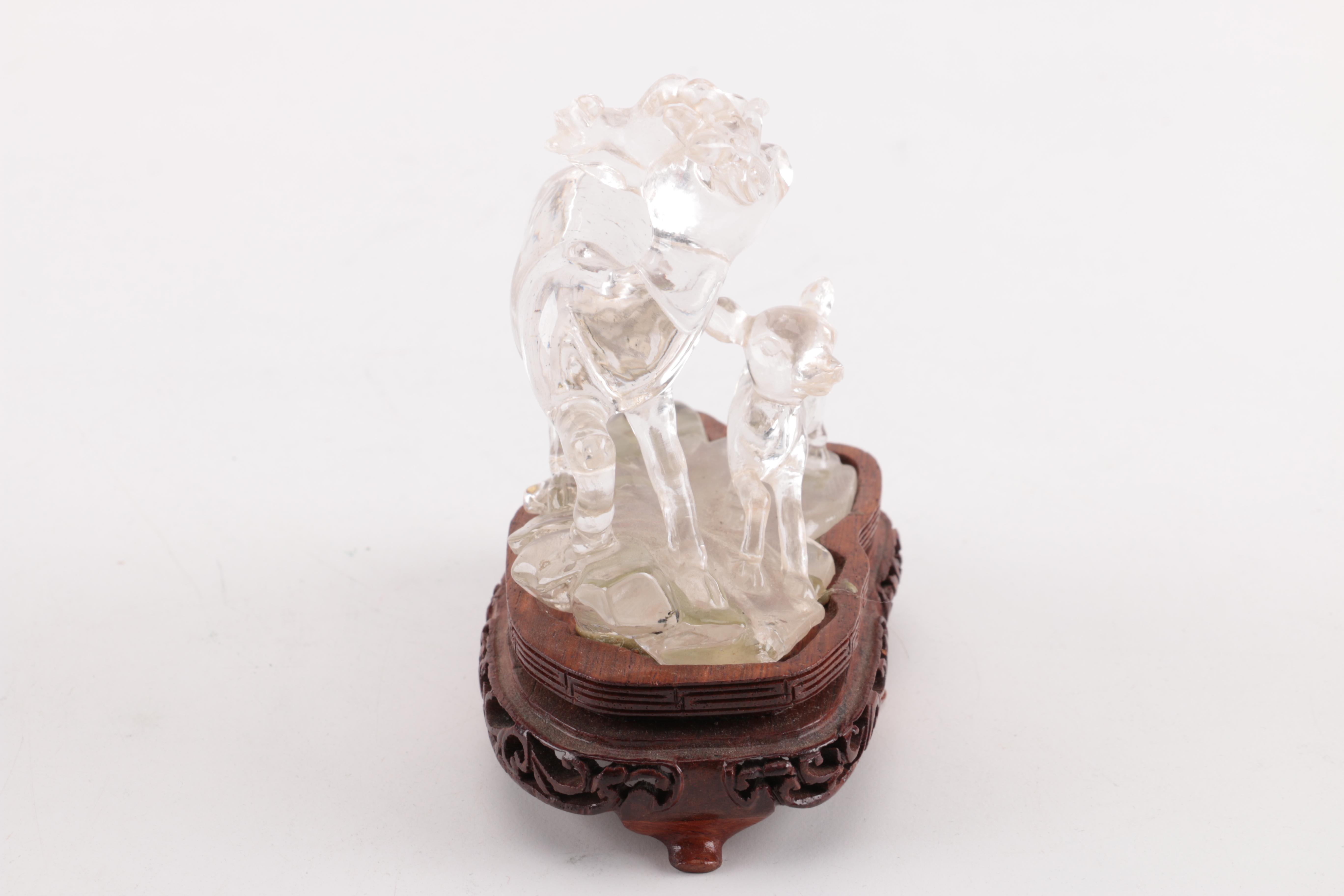 Rock Crystal Buck and Fawn Figurine with Stand