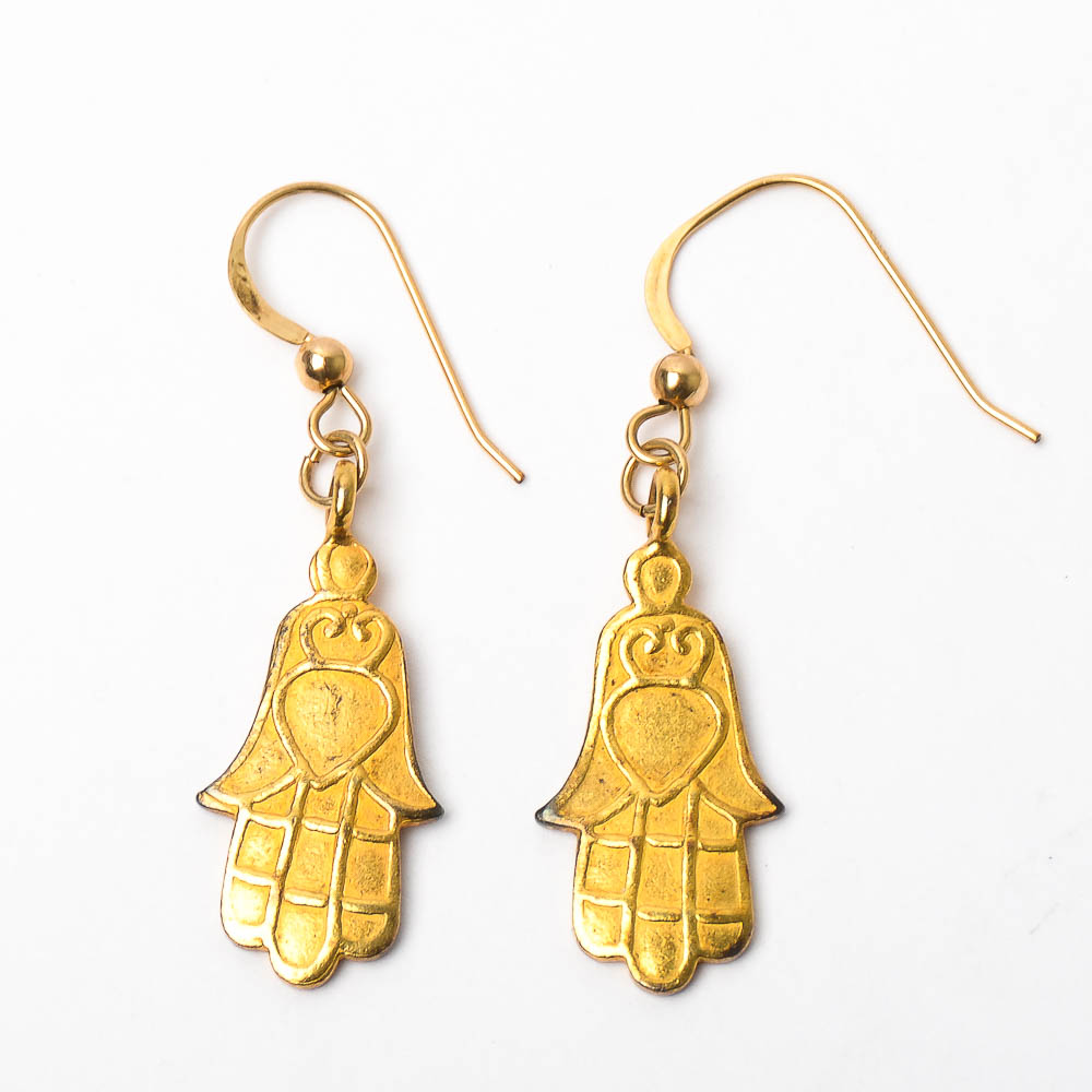 14K Yellow Gold Hamsa Hand Dangle Earrings