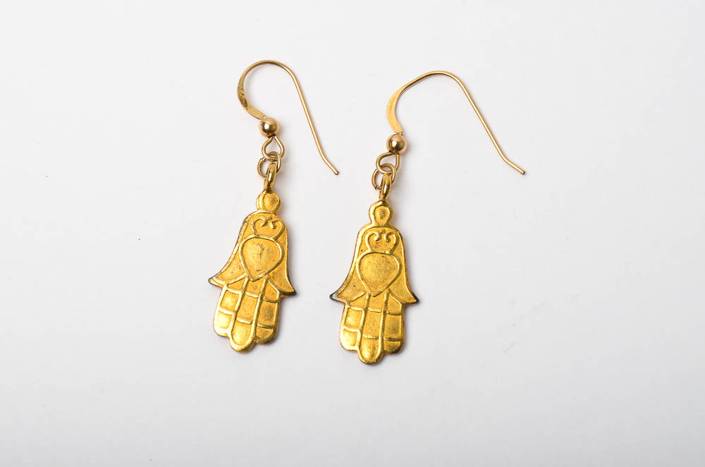 14K Yellow Gold Hamsa Hand Dangle Earrings