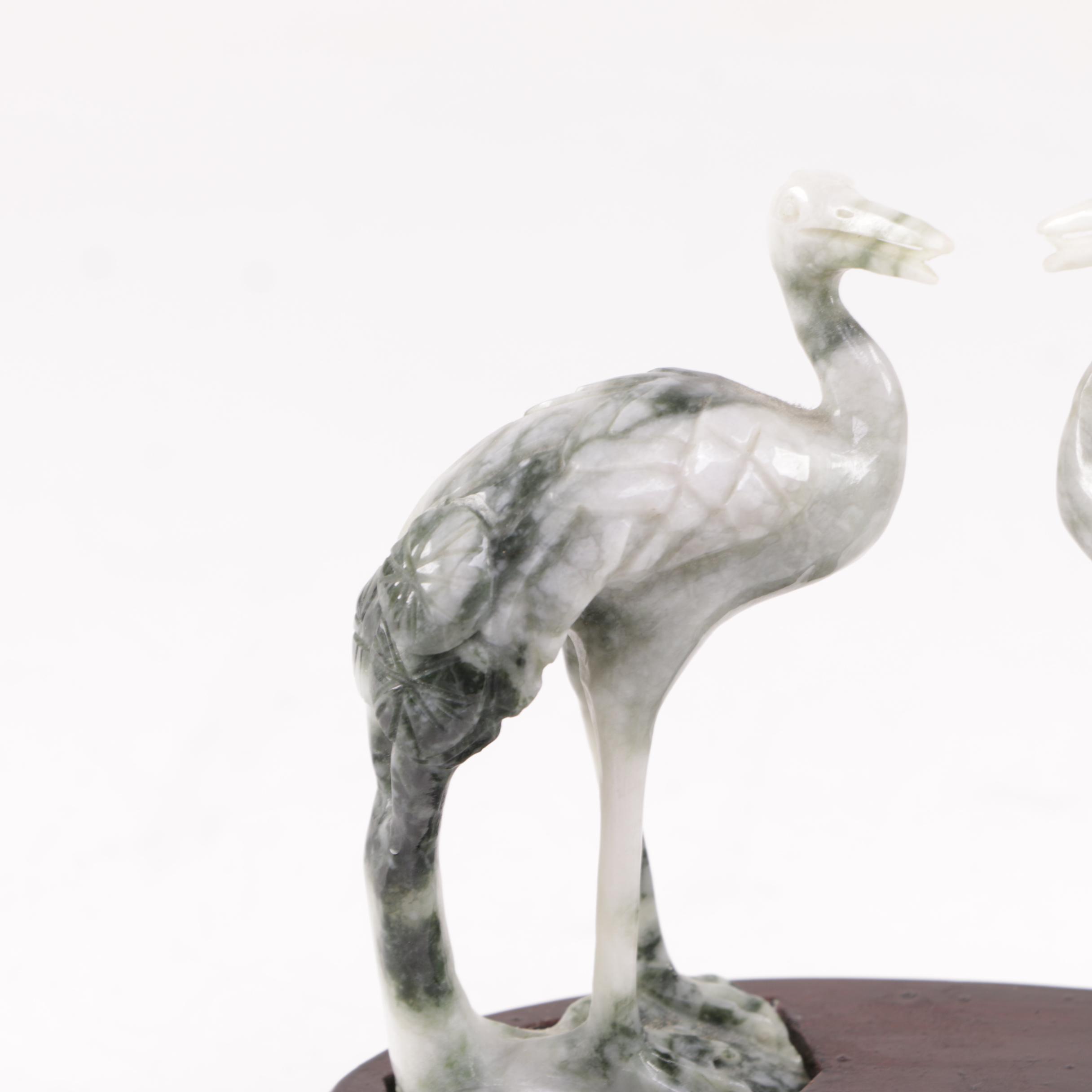 Pair of Nephrite Crane Figurines with Stand