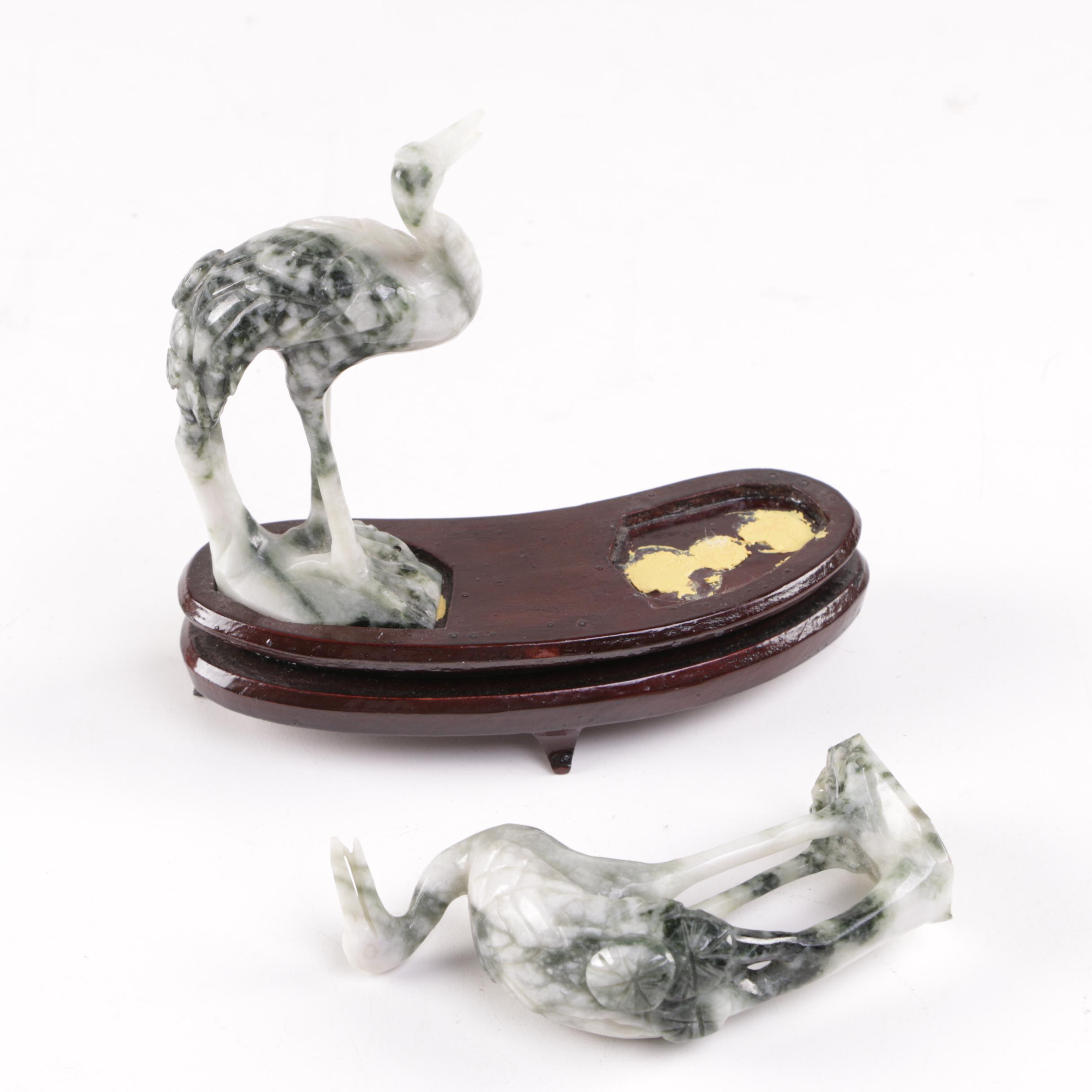 Pair of Nephrite Crane Figurines with Stand