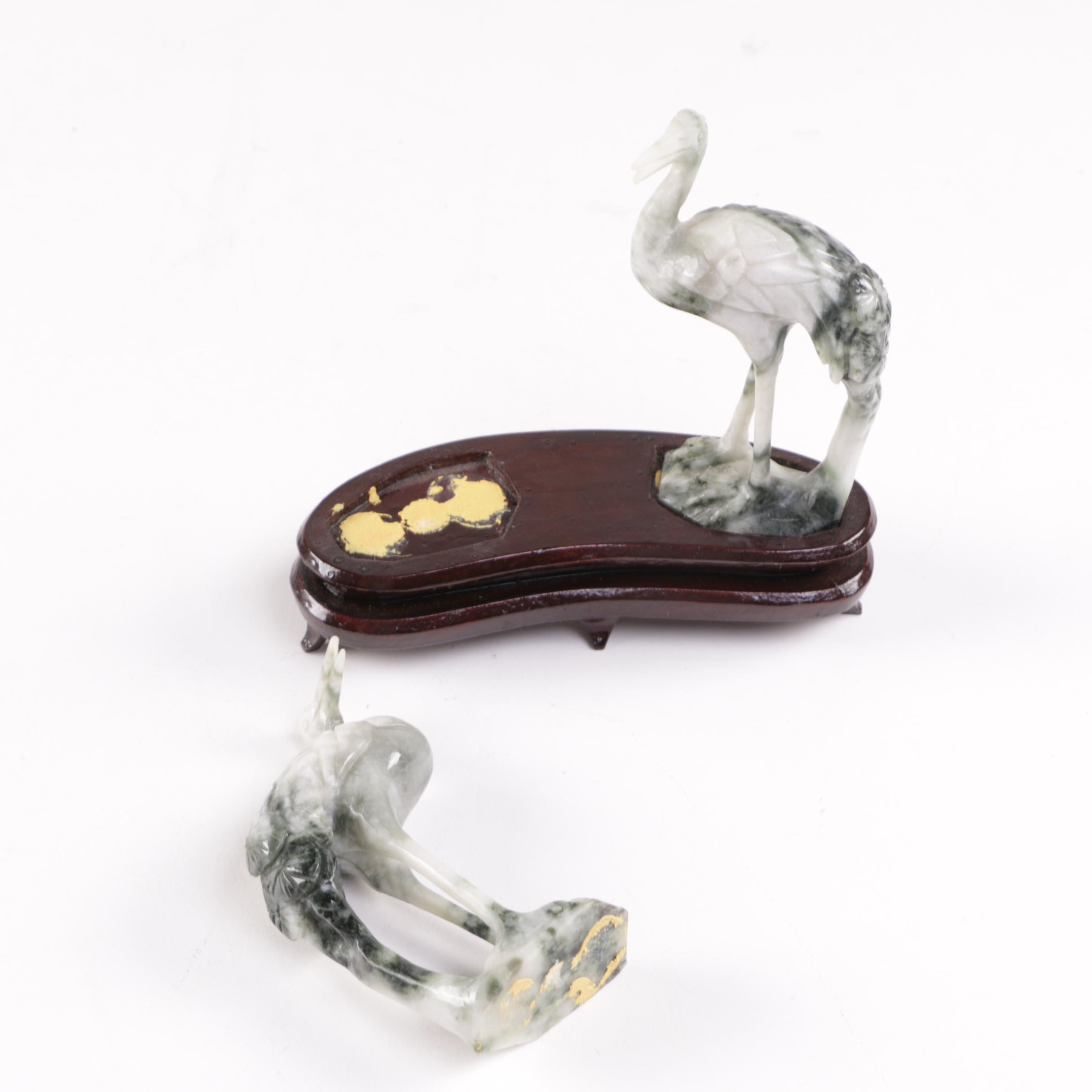 Pair of Nephrite Crane Figurines with Stand