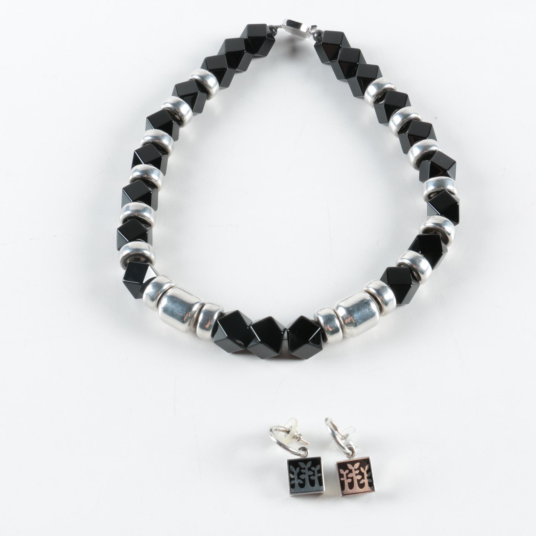 Sterling Silver Jewelry Including an Onyx Necklace