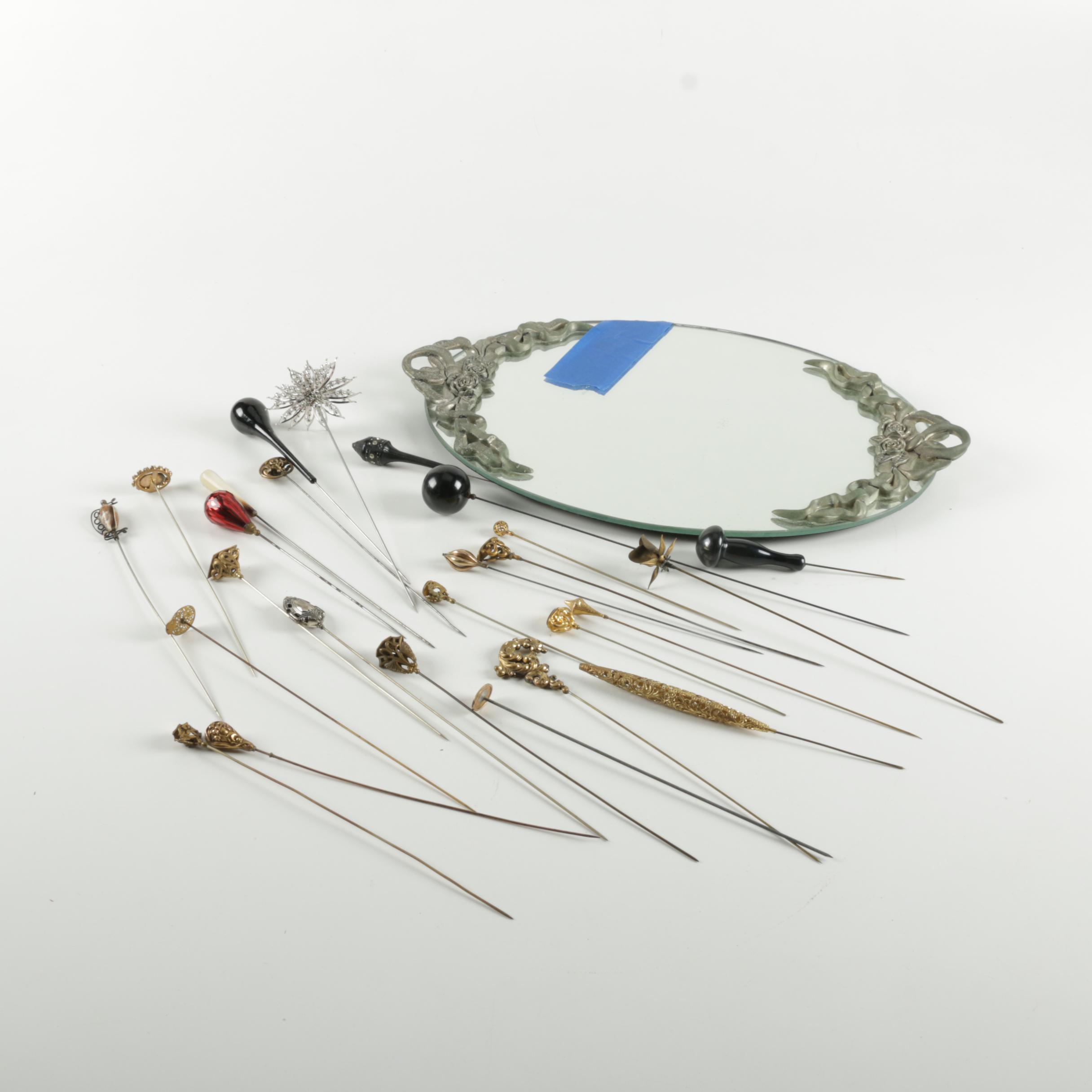 Ornate Mirrored Tray with Assorted Hat Pins