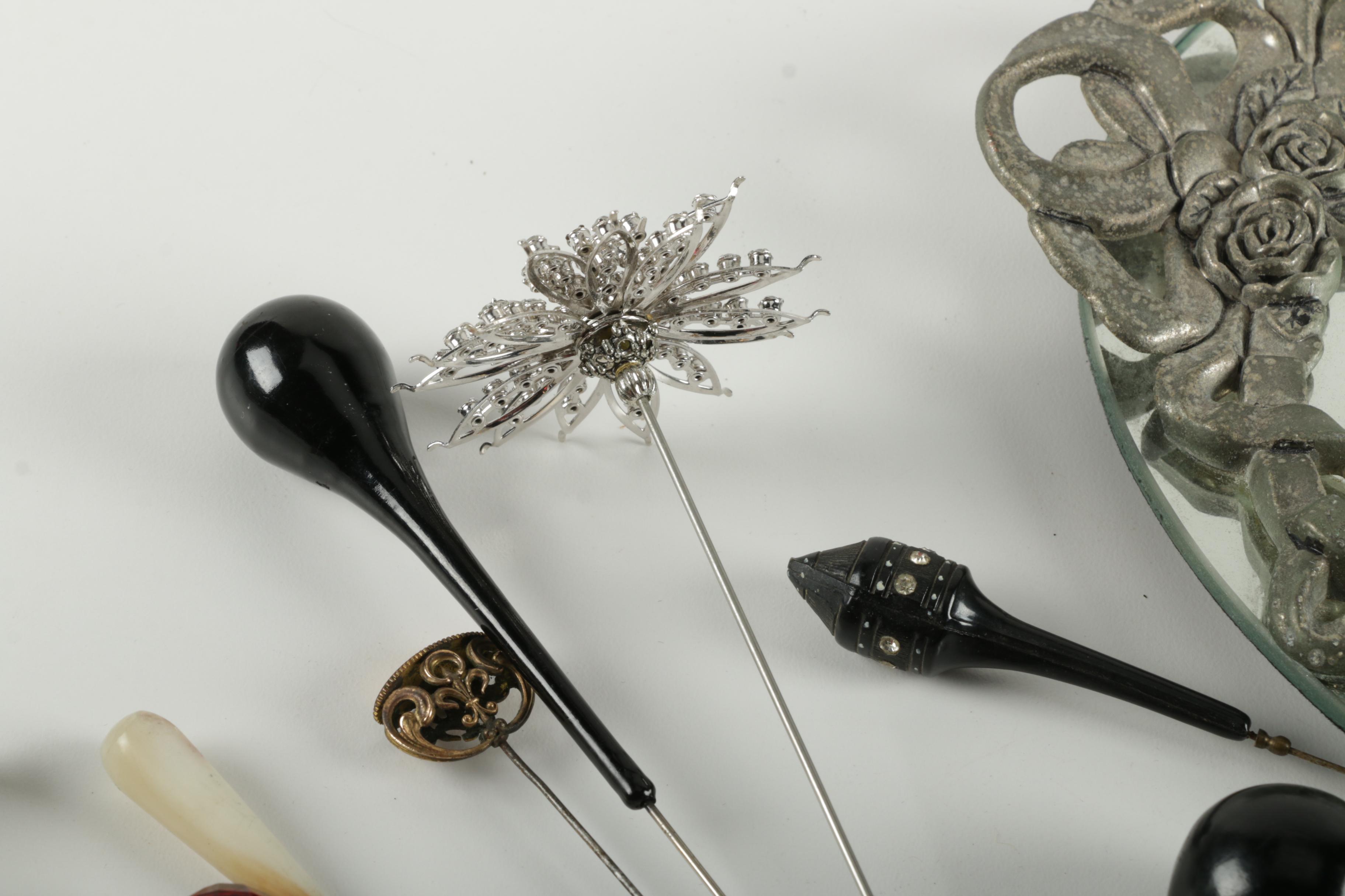 Ornate Mirrored Tray with Assorted Hat Pins