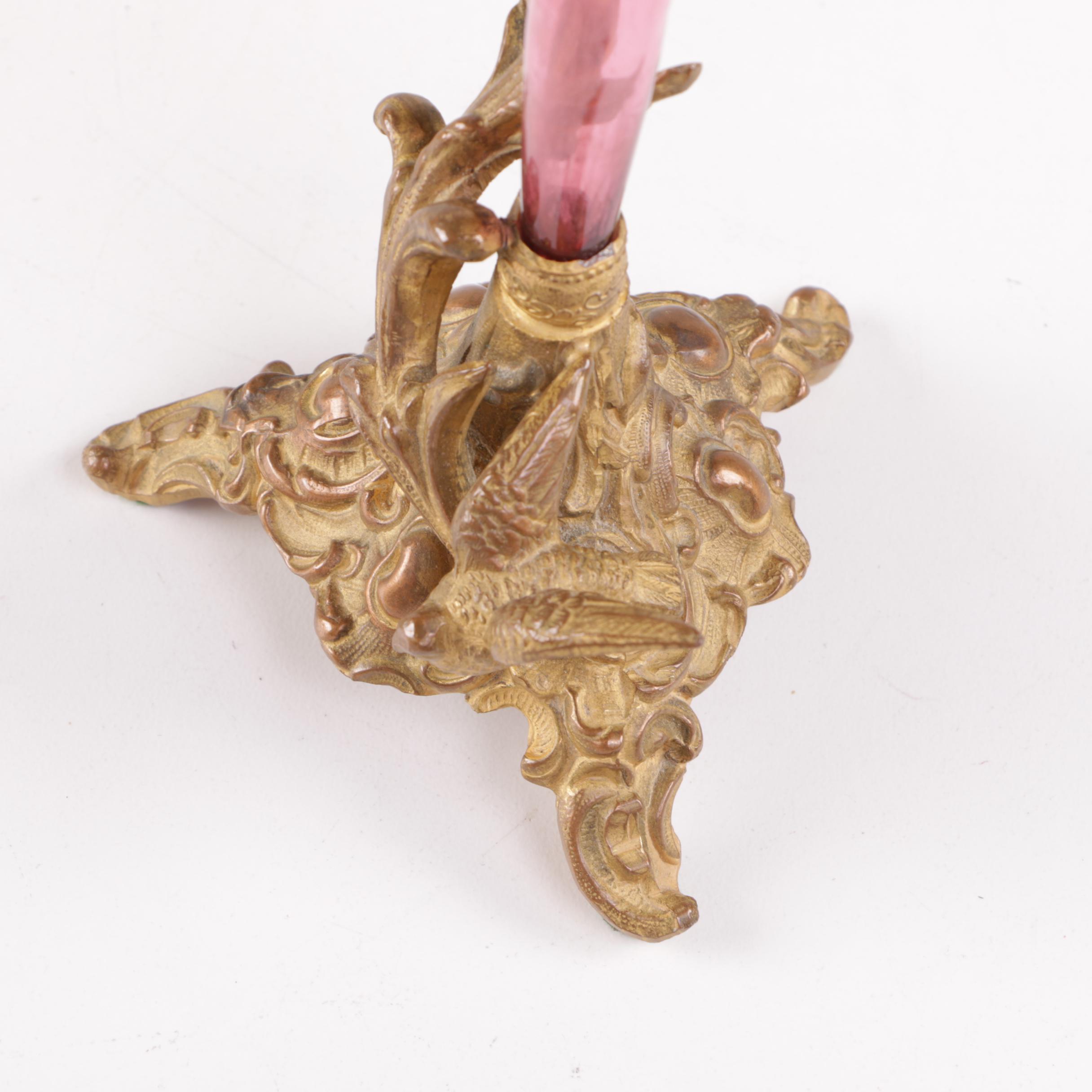 Vintage Hand Painted Enameled Cranberry Glass Vase with Brass Stand