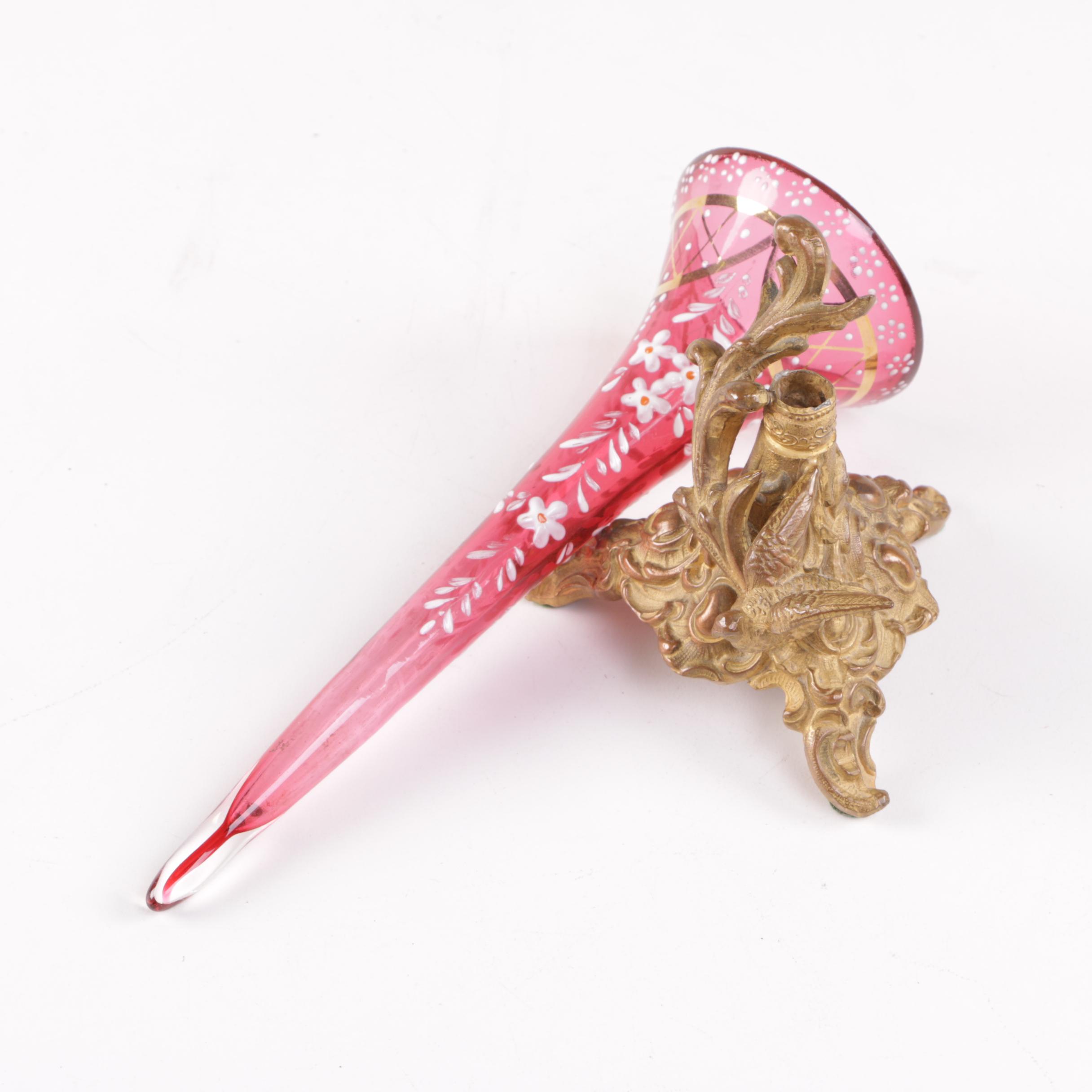 Vintage Hand Painted Enameled Cranberry Glass Vase with Brass Stand