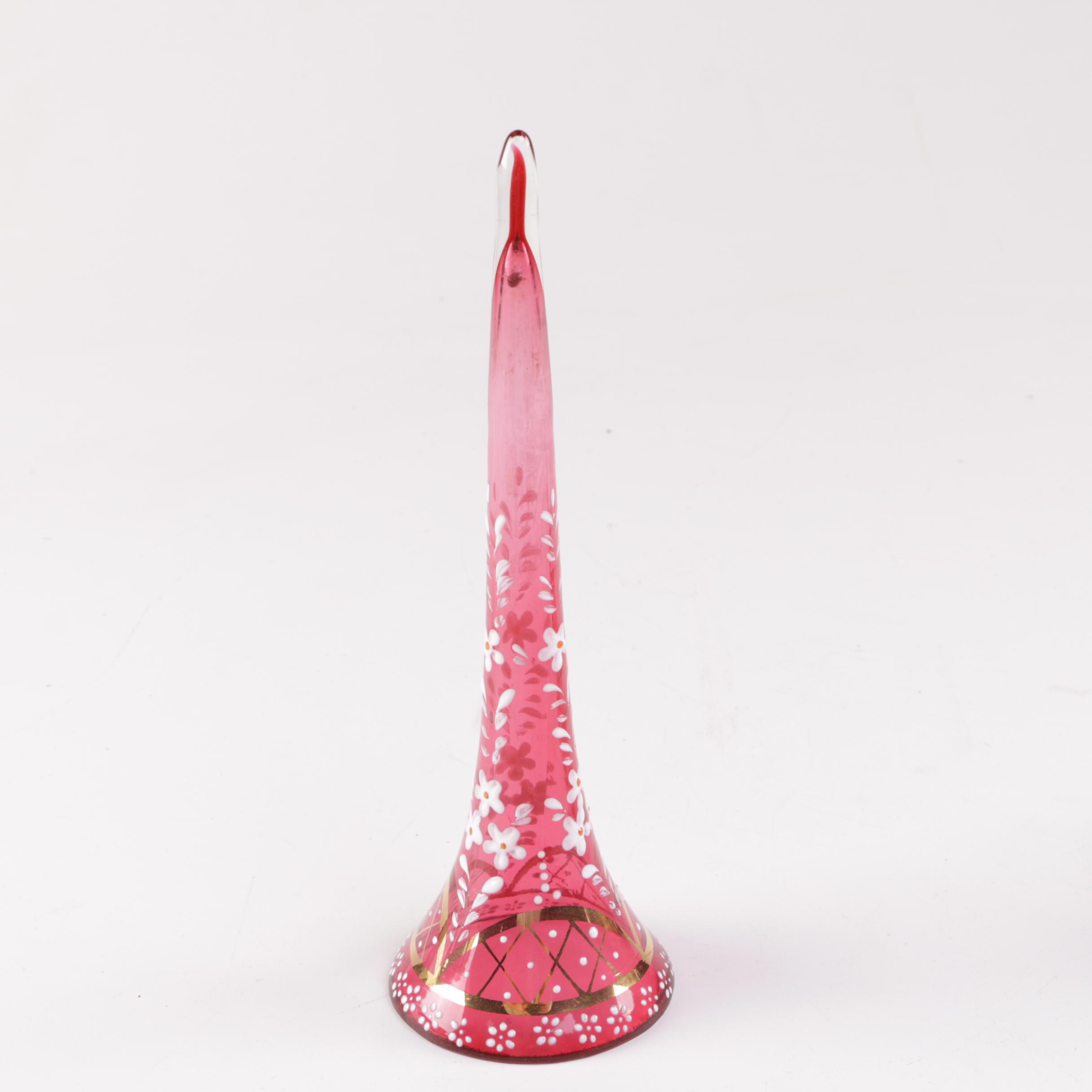 Vintage Hand Painted Enameled Cranberry Glass Vase with Brass Stand