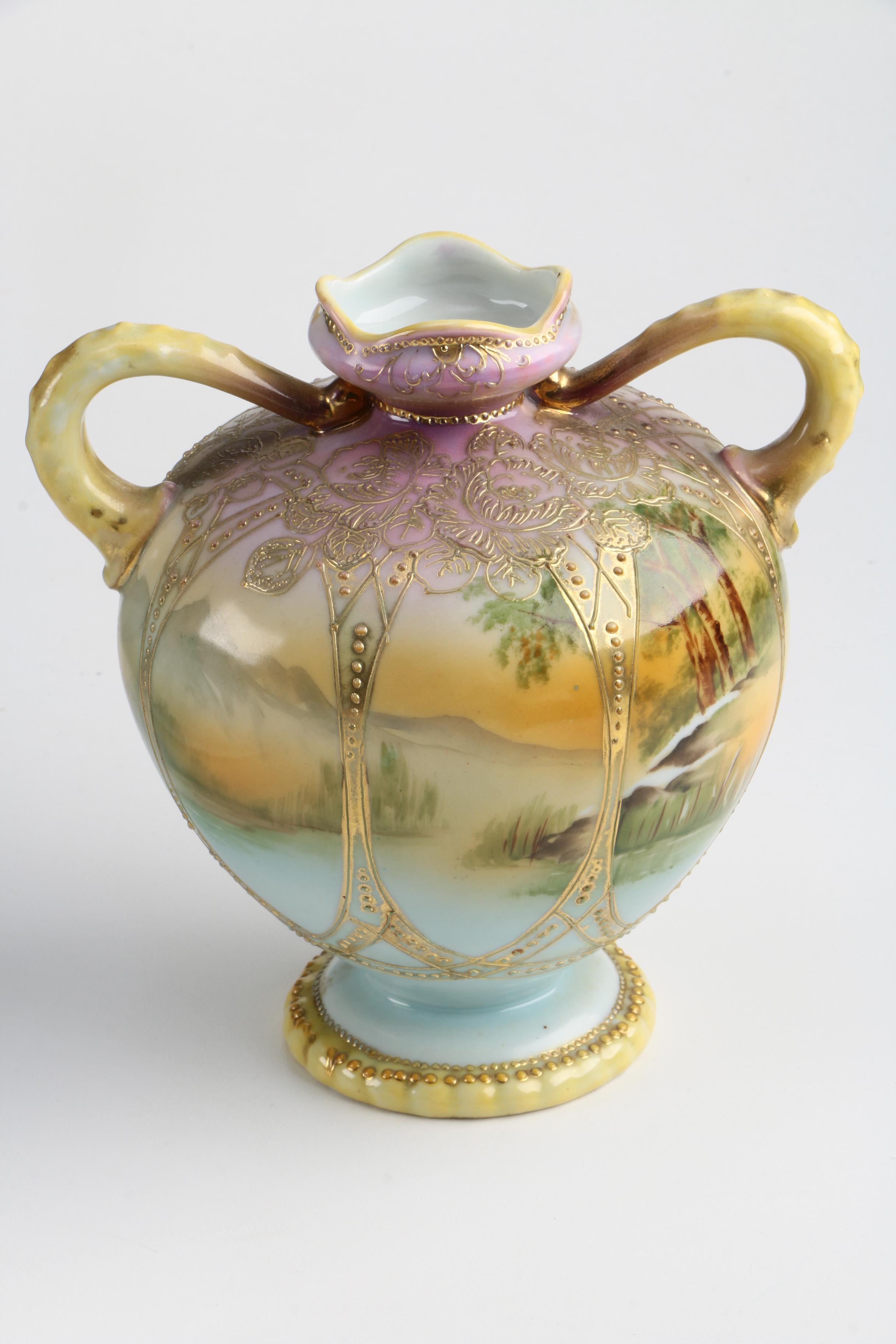 Vintage Hand Painted Nippon Handled Urn Vase