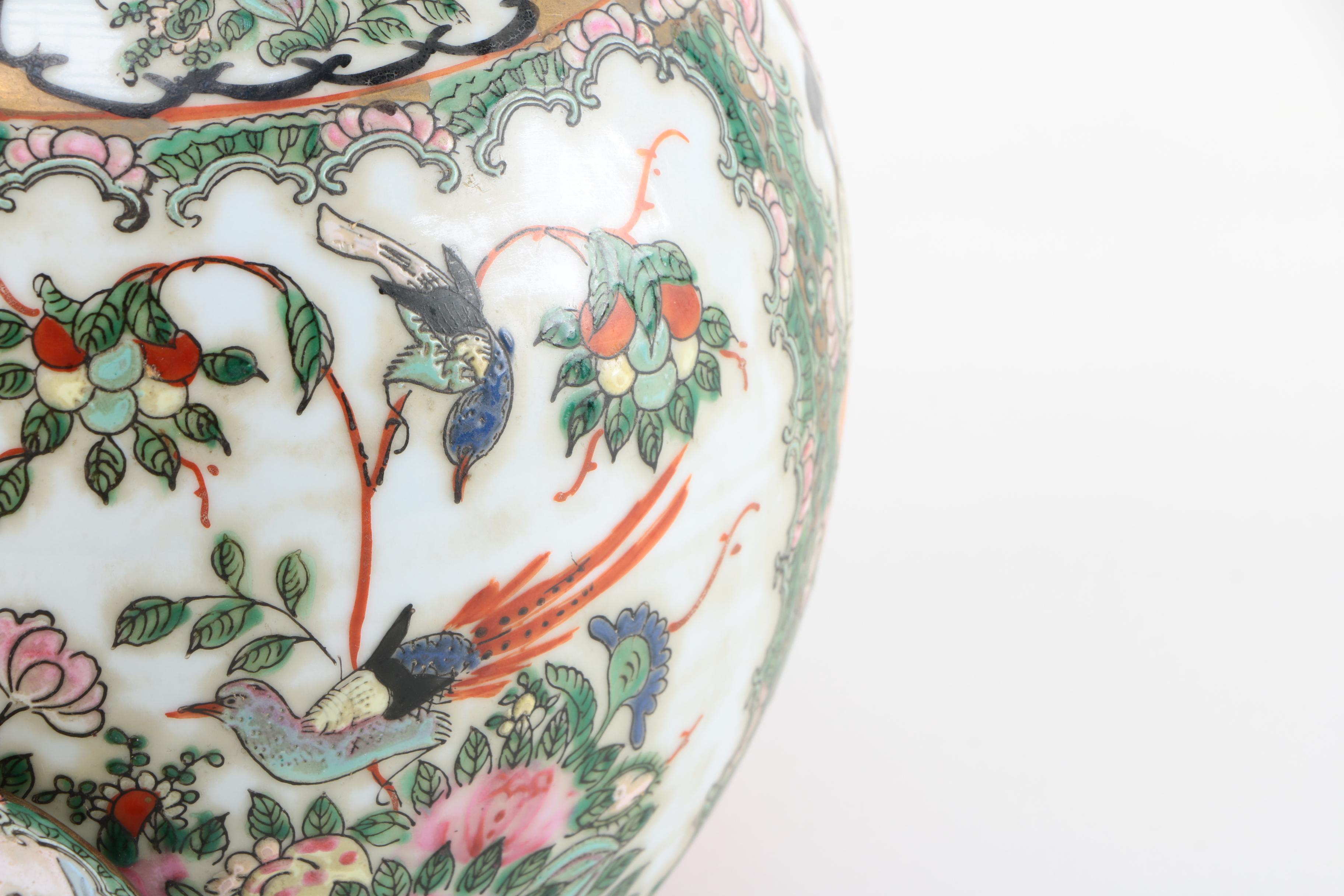 Vintage Chinese Rose Medallion Lidded Urn with Wooden Stand