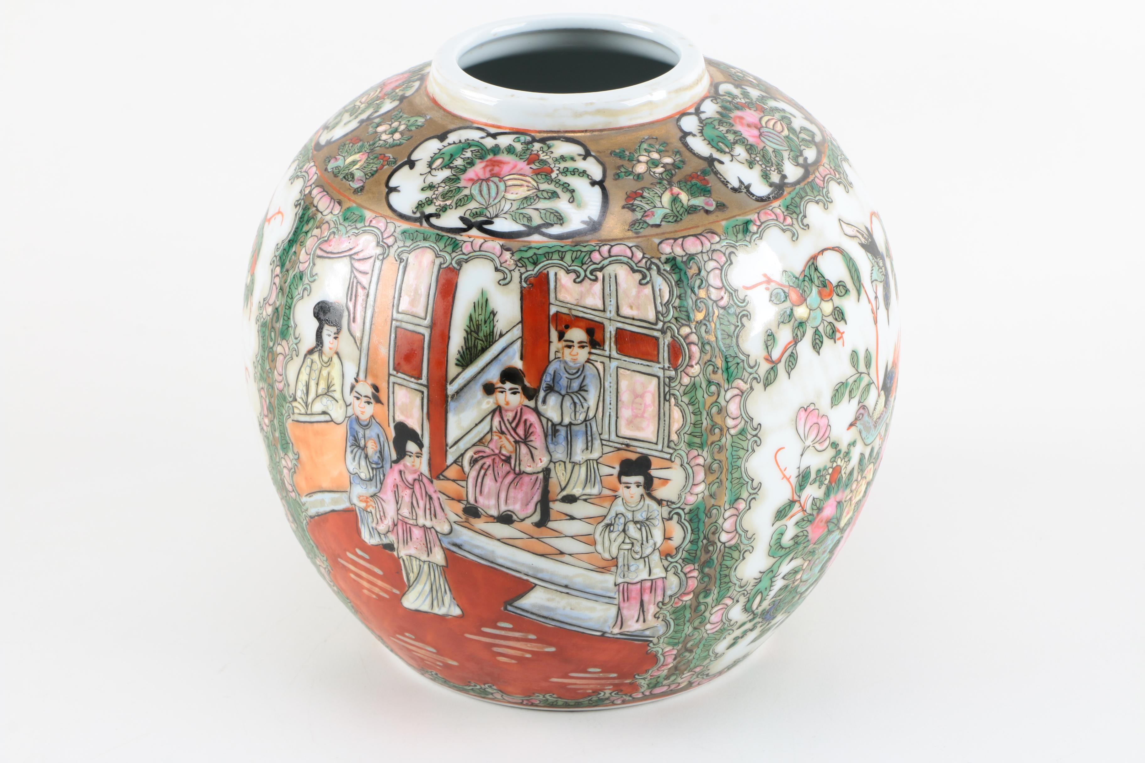 Vintage Chinese Rose Medallion Lidded Urn with Wooden Stand