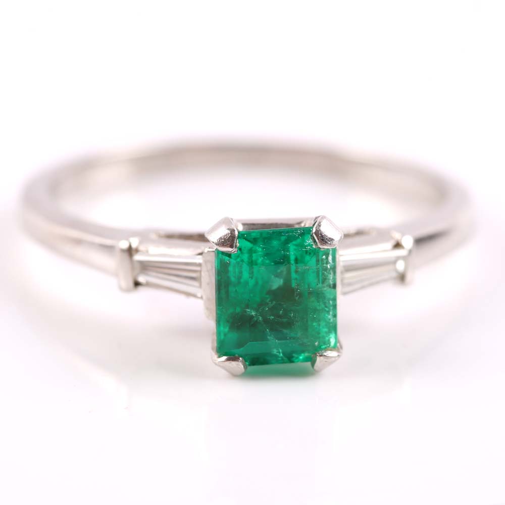 Platinum Emerald and Diamond Ring
