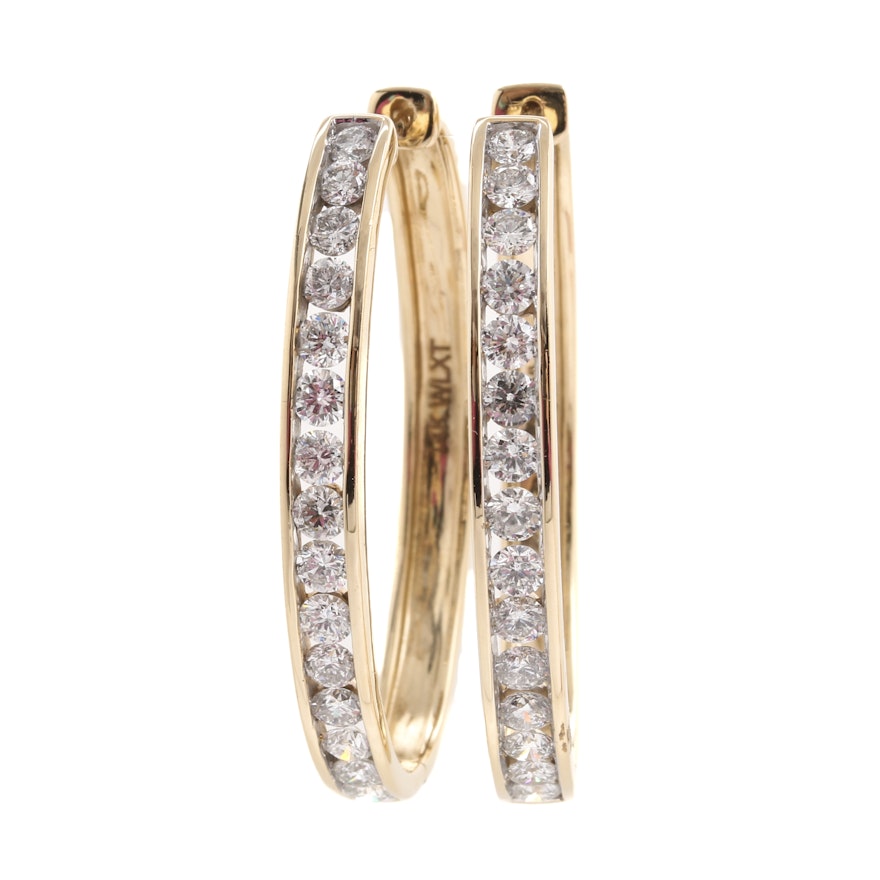 14K Yellow Gold 2.00 CTW Diamond Hinged Hoop Earrings