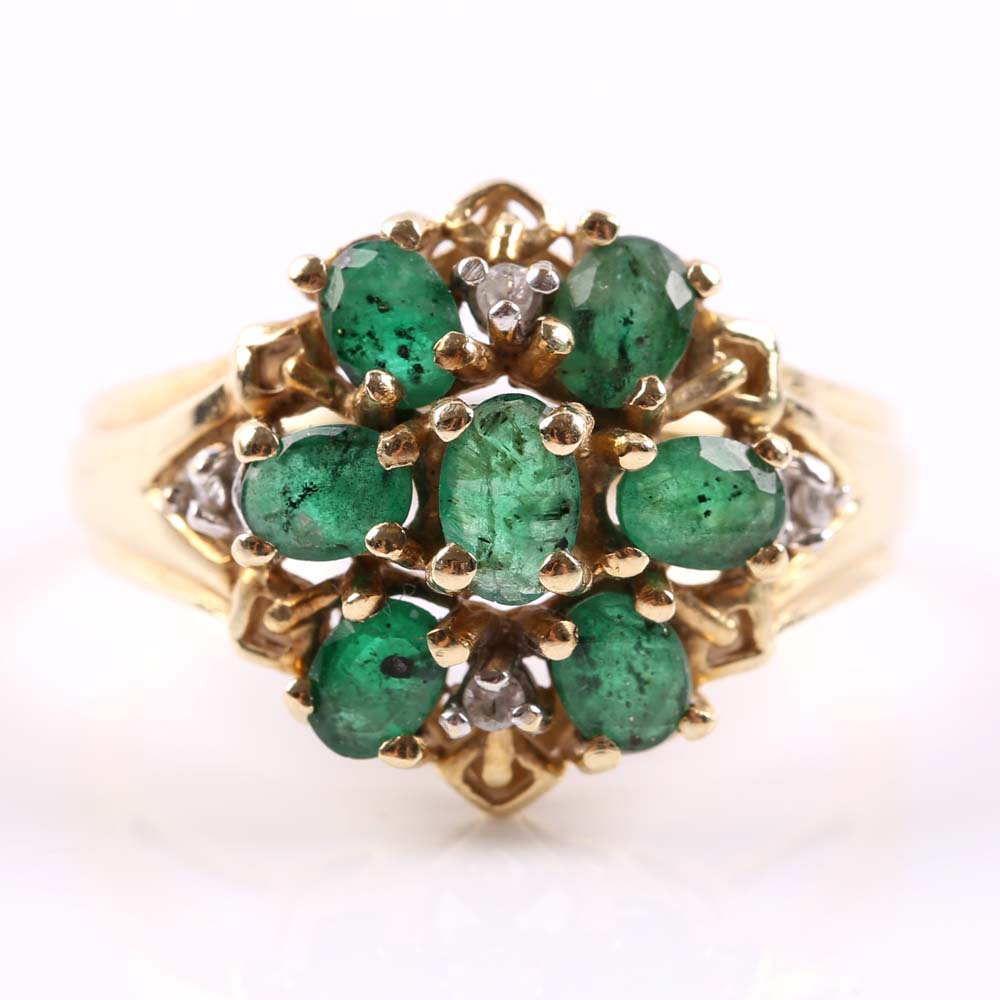 10K Yellow Gold Emerald and Diamond Cluster Ring