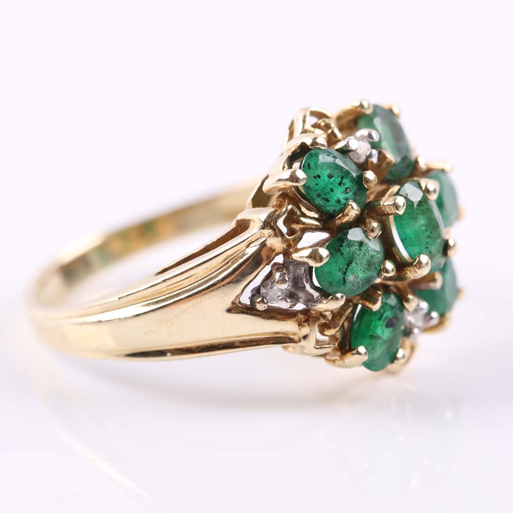 10K Yellow Gold Emerald and Diamond Cluster Ring