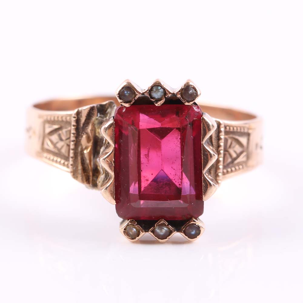 Victorian 10K Rose Gold Synthetic Ruby and Seed Pearl Ring