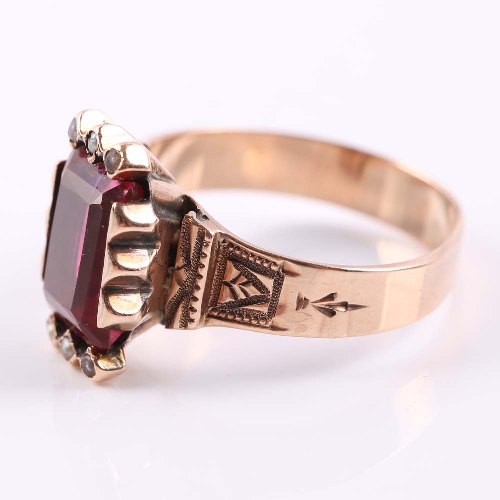 Victorian 10K Rose Gold Synthetic Ruby and Seed Pearl Ring