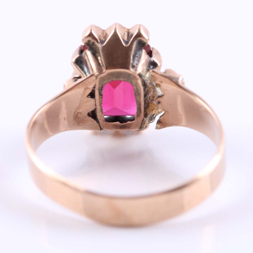 Victorian 10K Rose Gold Synthetic Ruby and Seed Pearl Ring