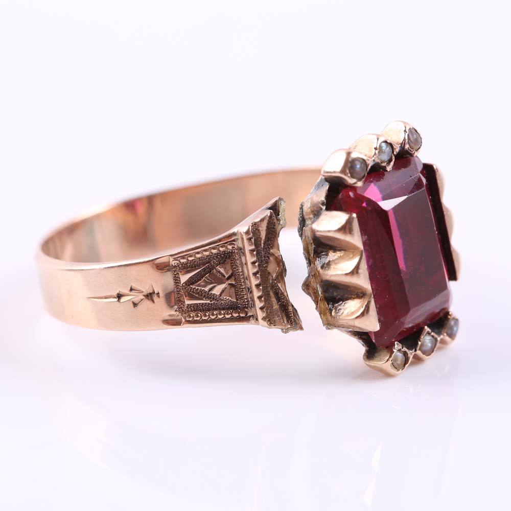 Victorian 10K Rose Gold Synthetic Ruby and Seed Pearl Ring