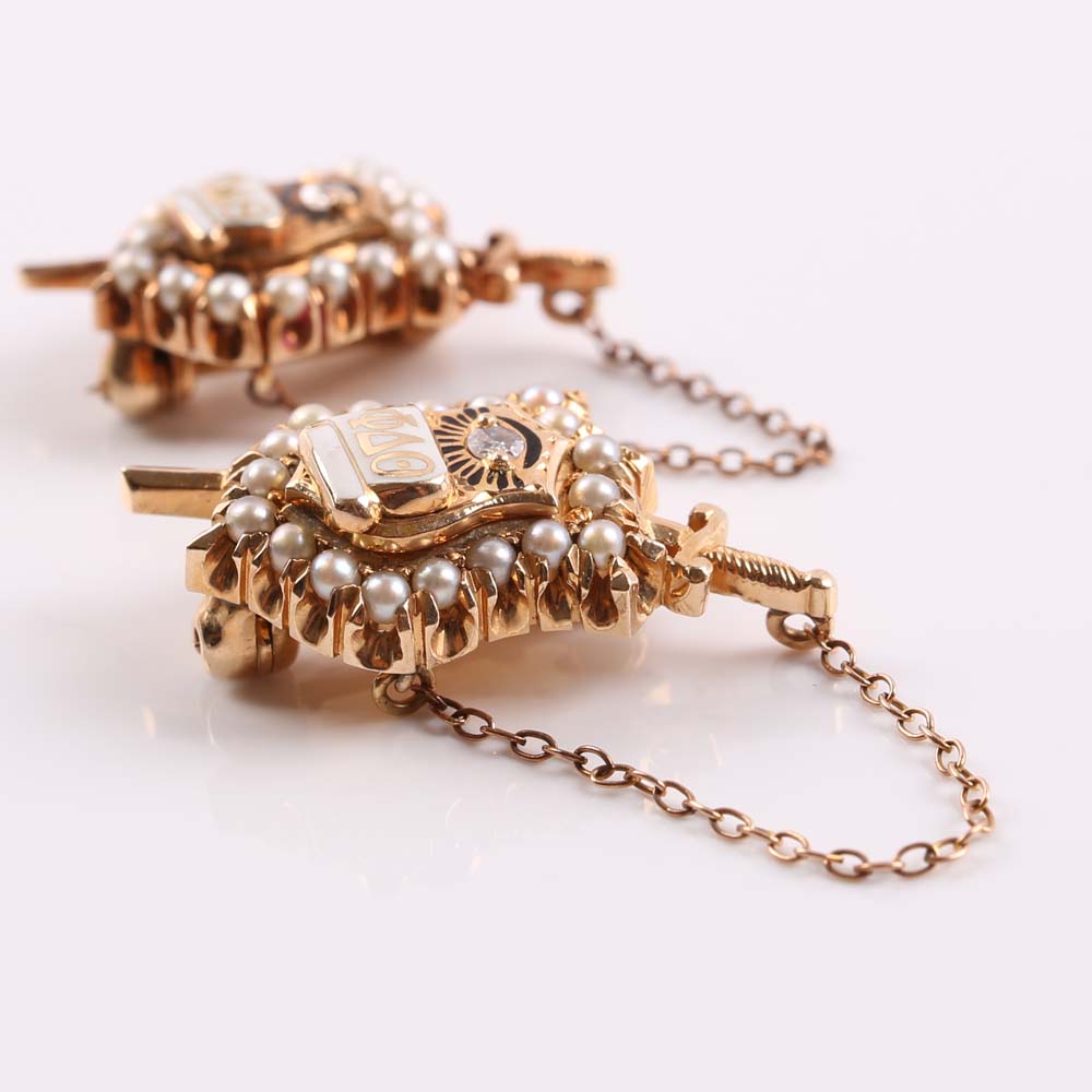 14K Yellow Gold Diamond and Seed Pearl Phi Delta Theta Fraternity Pins