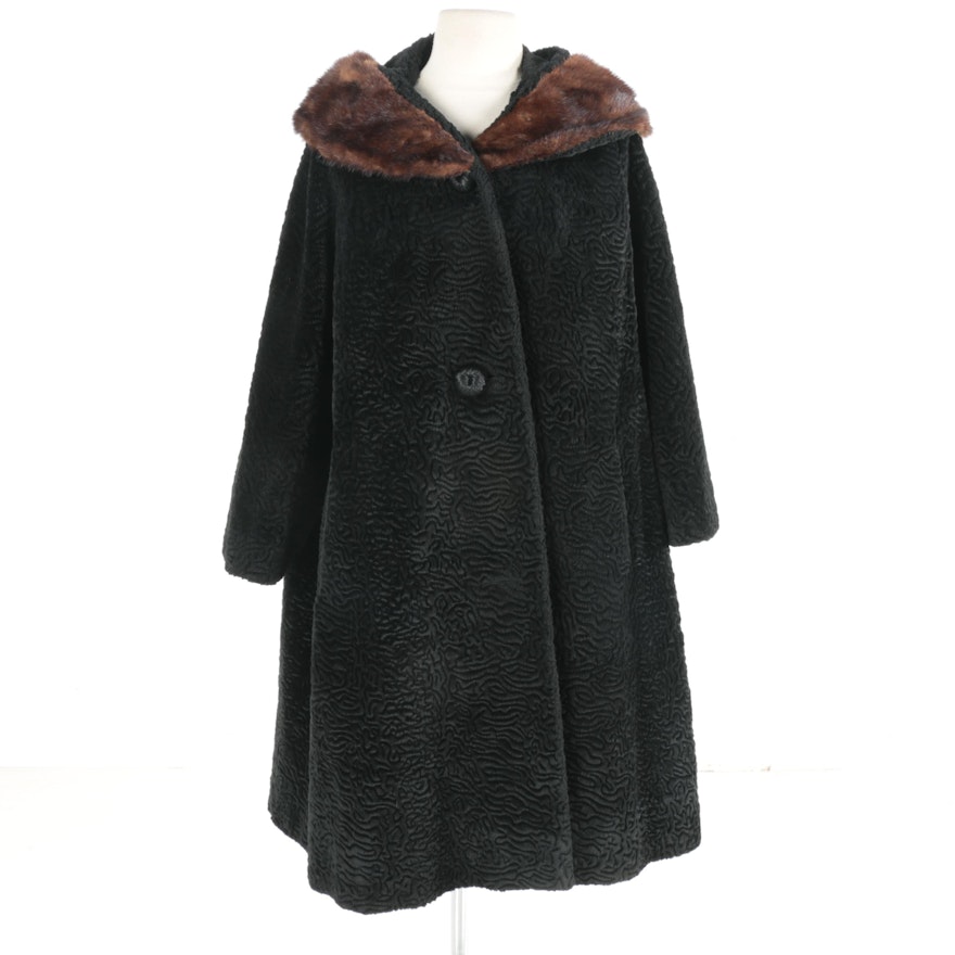 Faux Persian Lamb Overcoat with Mink Fur Collar