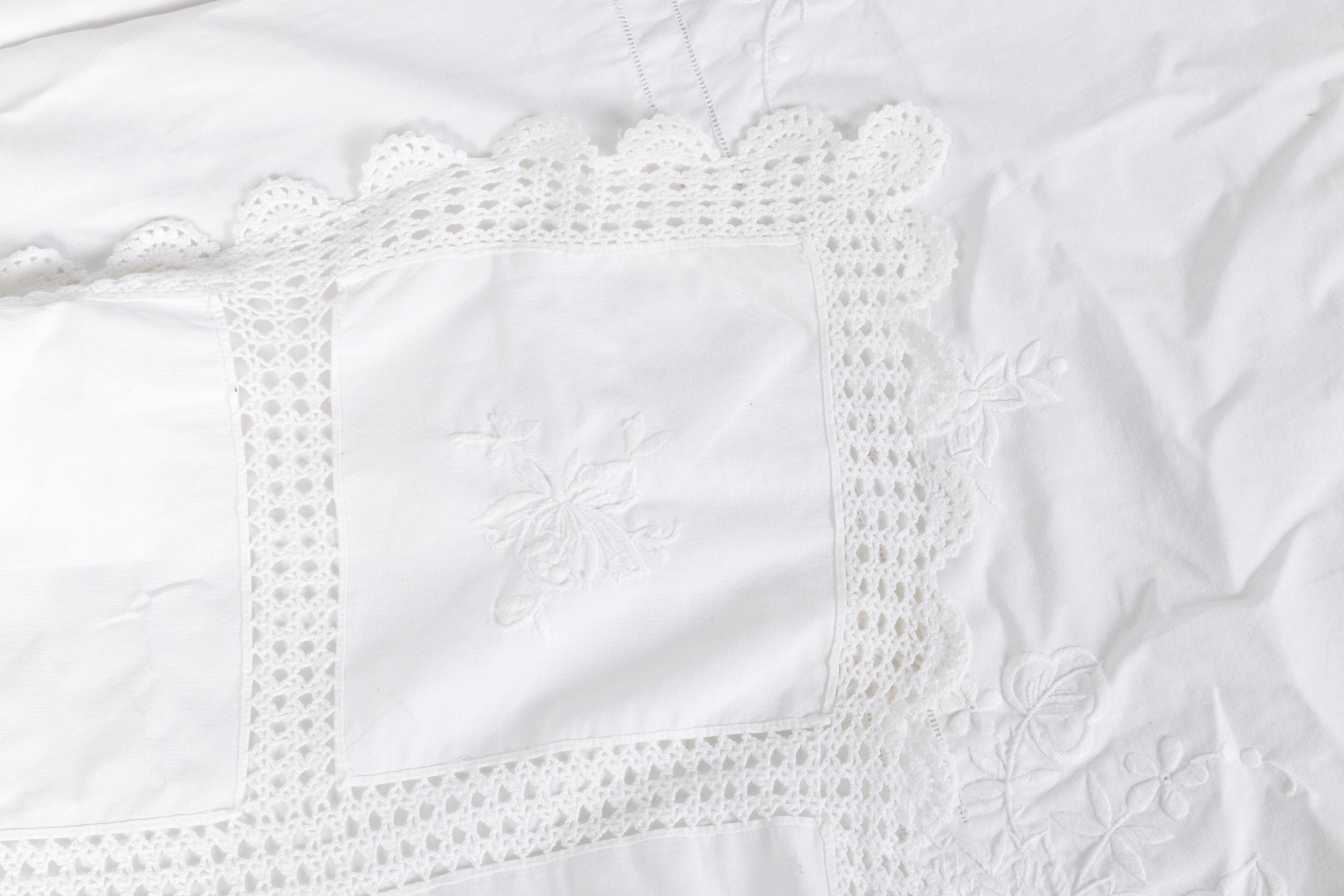 Pair of White Linen Tablecloths and Runner