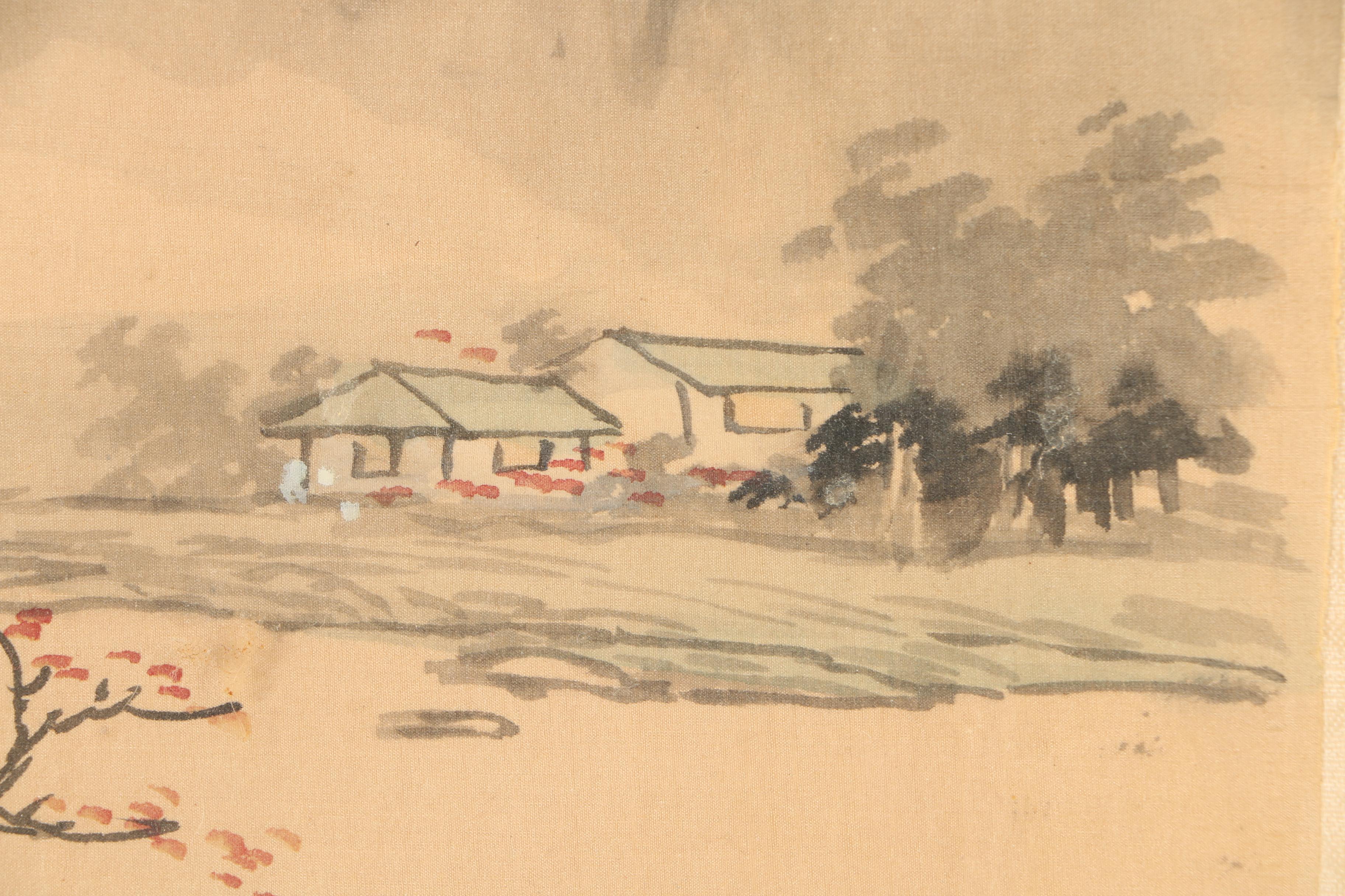 East Asian Style Watercolor and Ink Landscape Painting on Silk