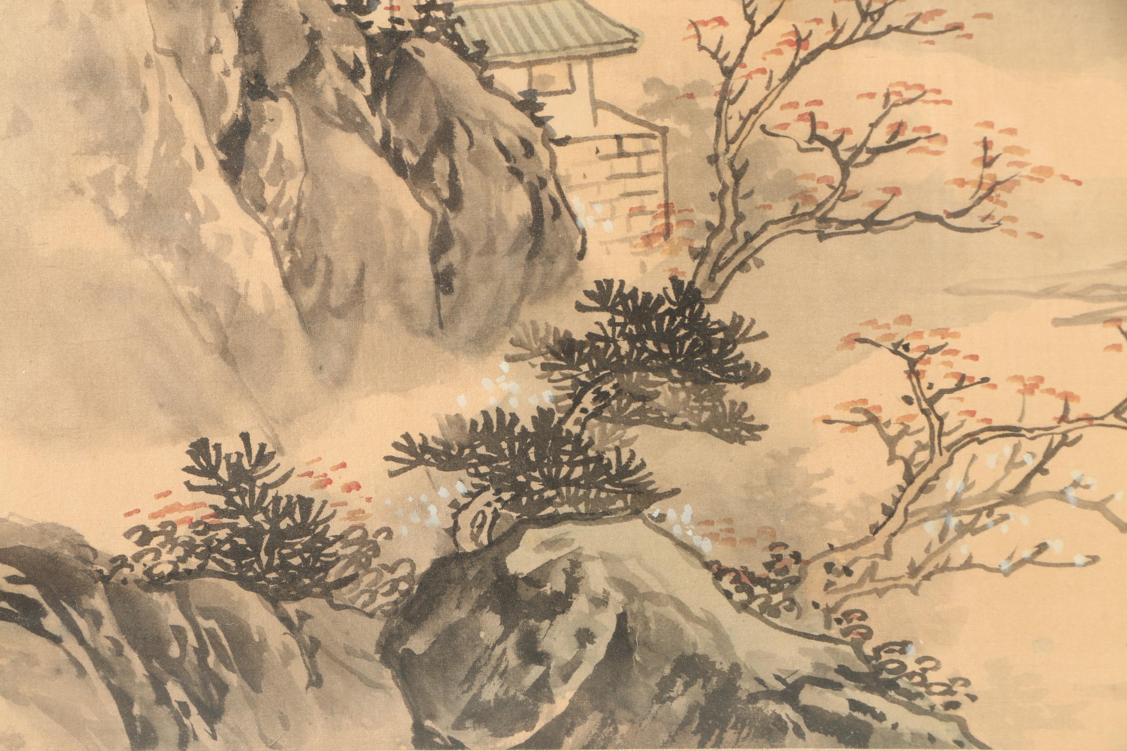 East Asian Style Watercolor and Ink Landscape Painting on Silk