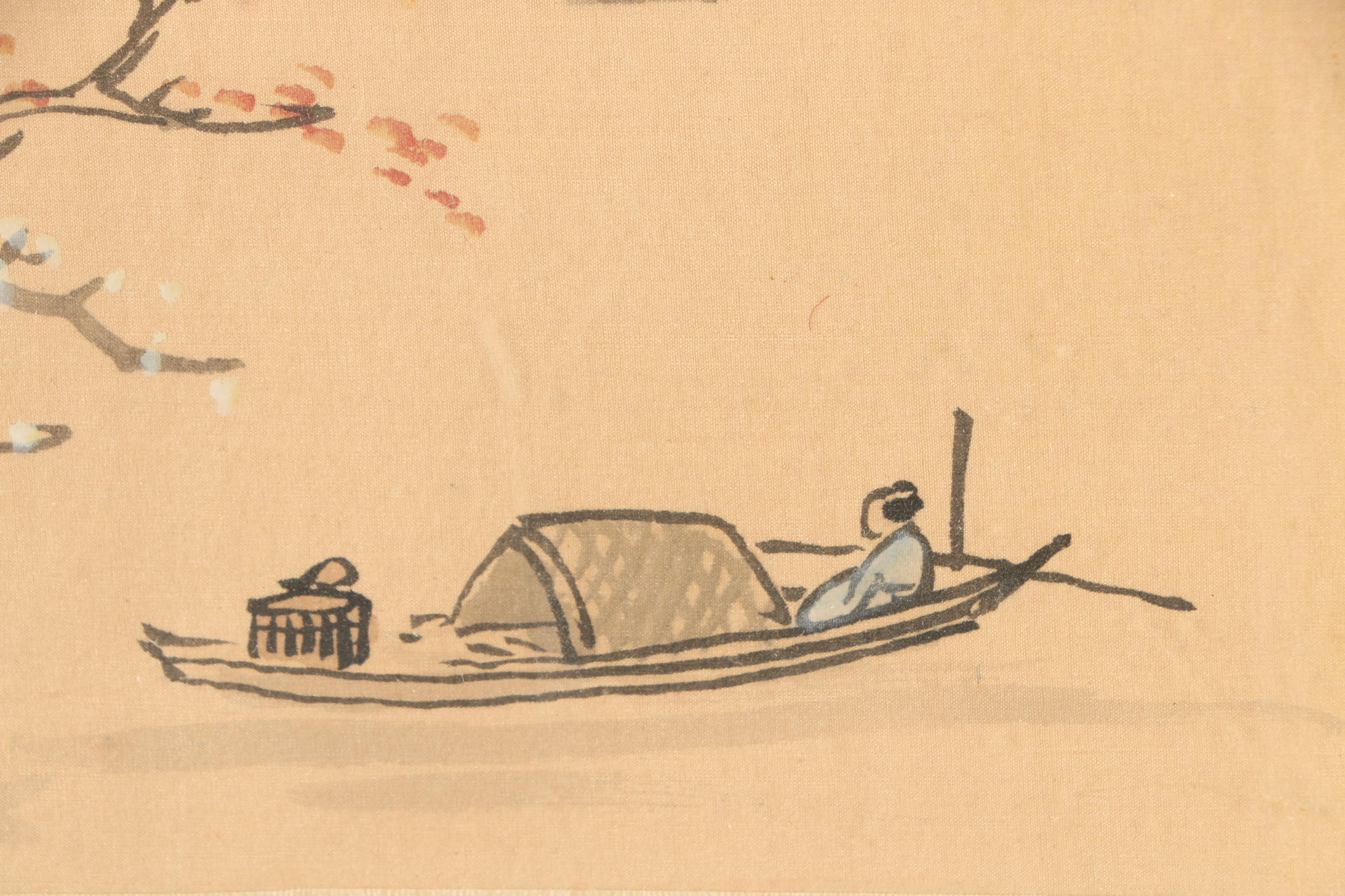 East Asian Style Watercolor and Ink Landscape Painting on Silk