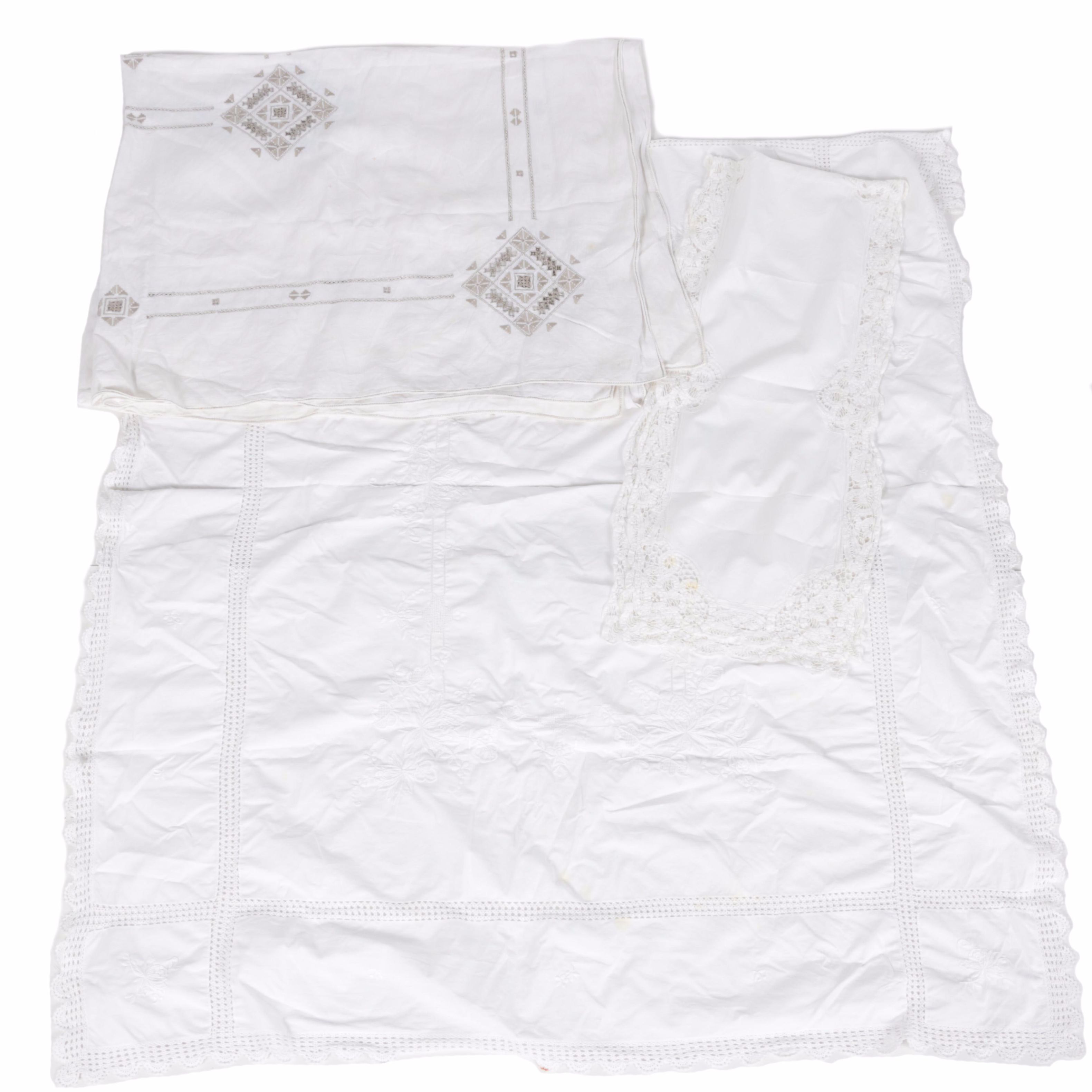Pair of White Linen Tablecloths and Runner