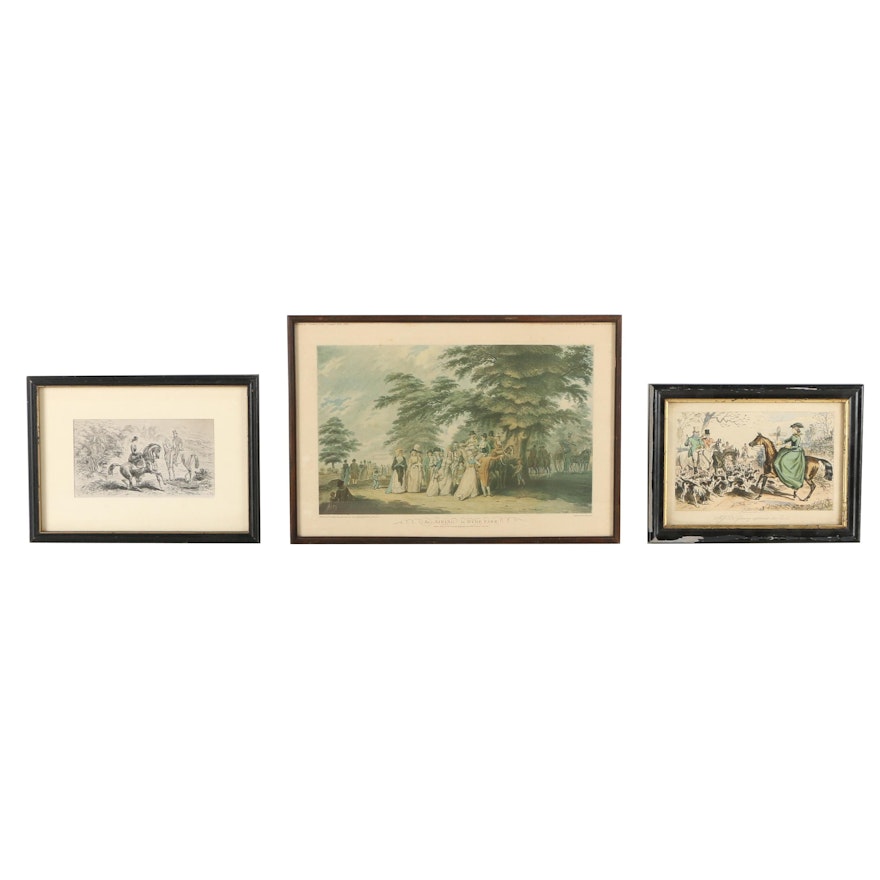 Vintage Etchings and Offset Lithograph Featuring 19th Century Hunting Scenes