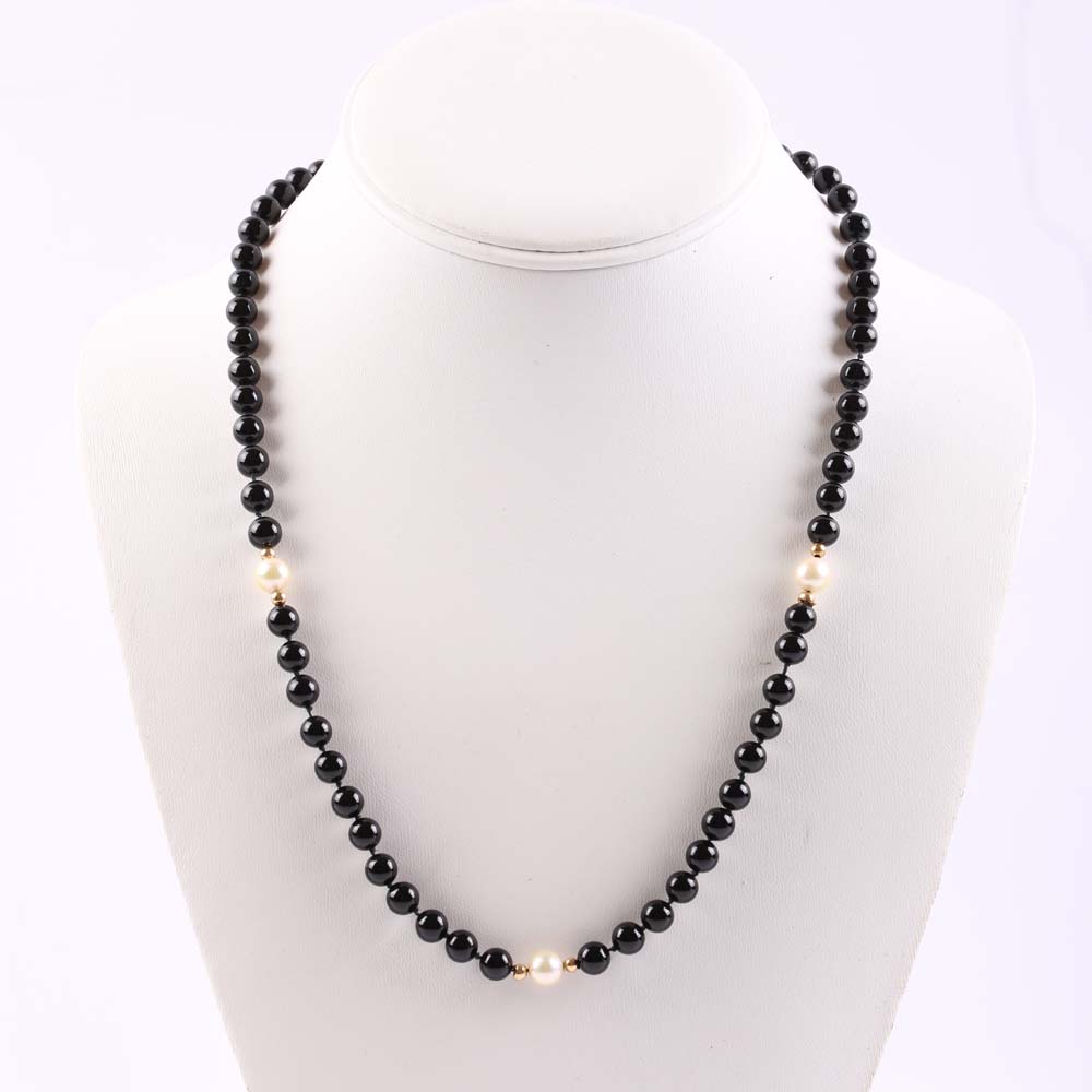 14K Yellow Gold Black Onyx and Freshwater Pearl Necklace