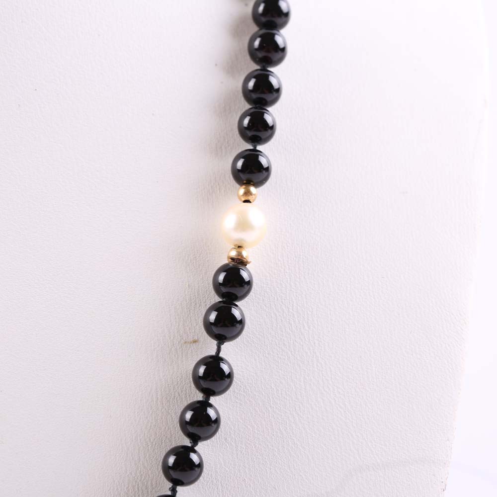 14K Yellow Gold Black Onyx and Freshwater Pearl Necklace