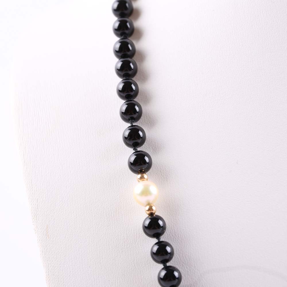 14K Yellow Gold Black Onyx and Freshwater Pearl Necklace