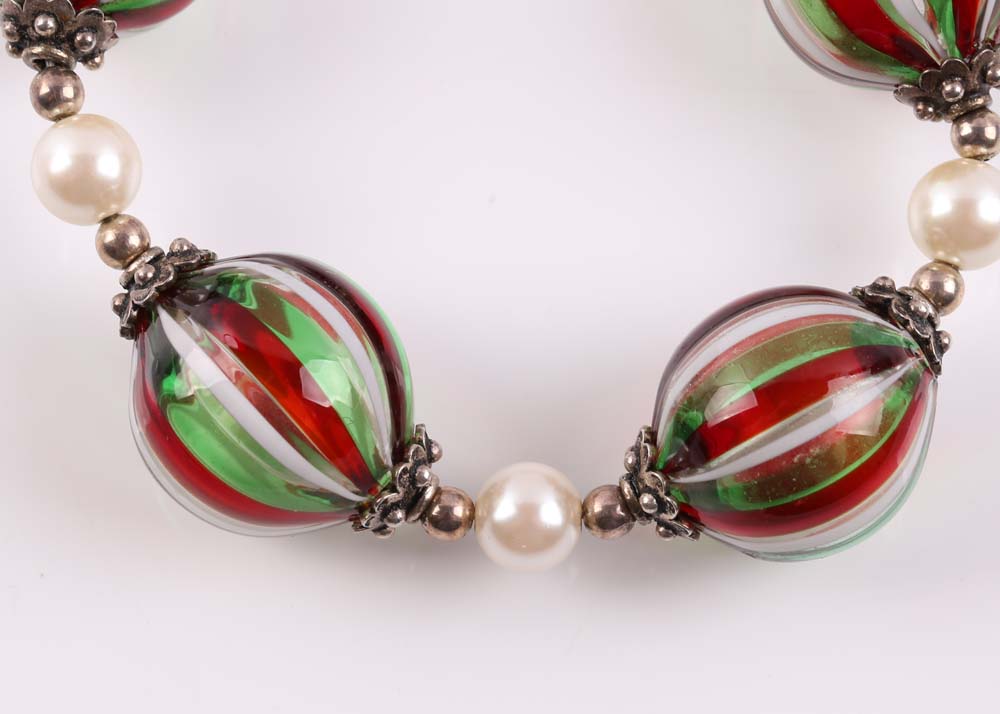 Sterling Silver Glass Bead and Simulated Pearl Bracelet