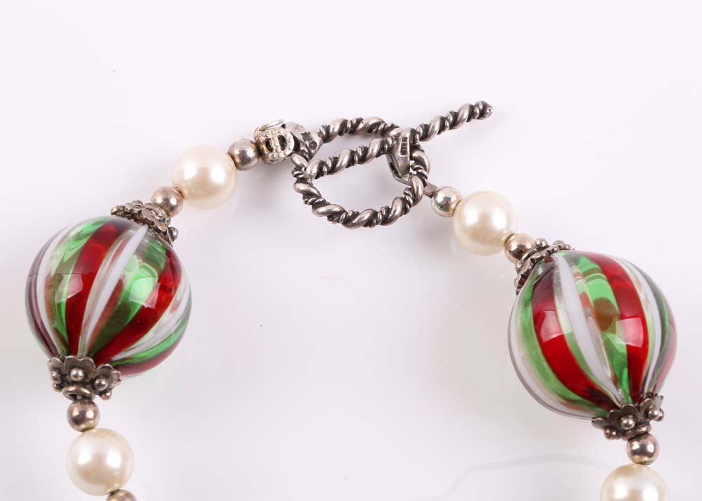 Sterling Silver Glass Bead and Simulated Pearl Bracelet
