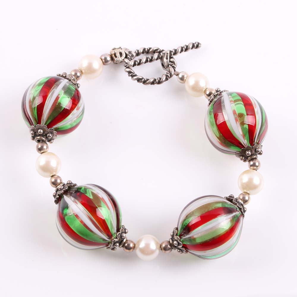 Sterling Silver Glass Bead and Simulated Pearl Bracelet