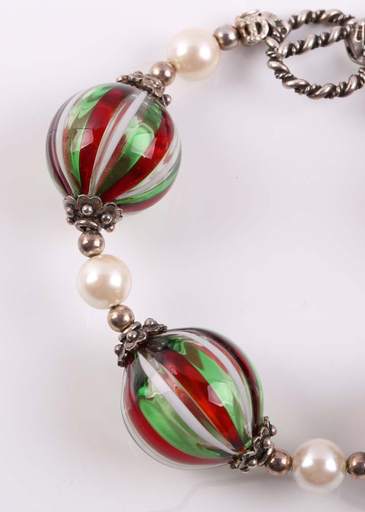 Sterling Silver Glass Bead and Simulated Pearl Bracelet
