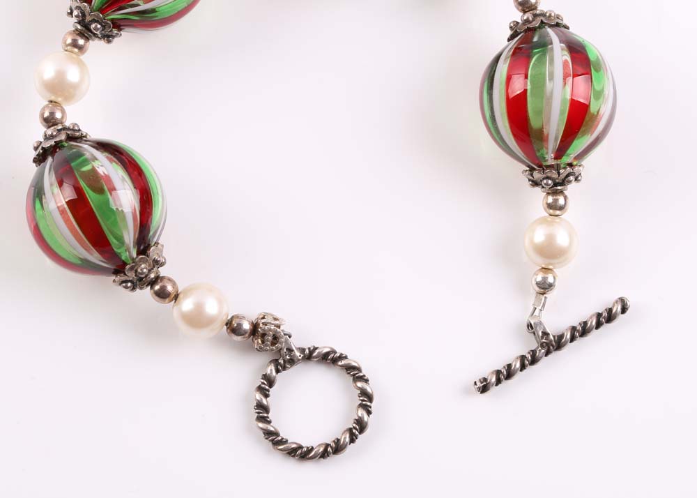 Sterling Silver Glass Bead and Simulated Pearl Bracelet