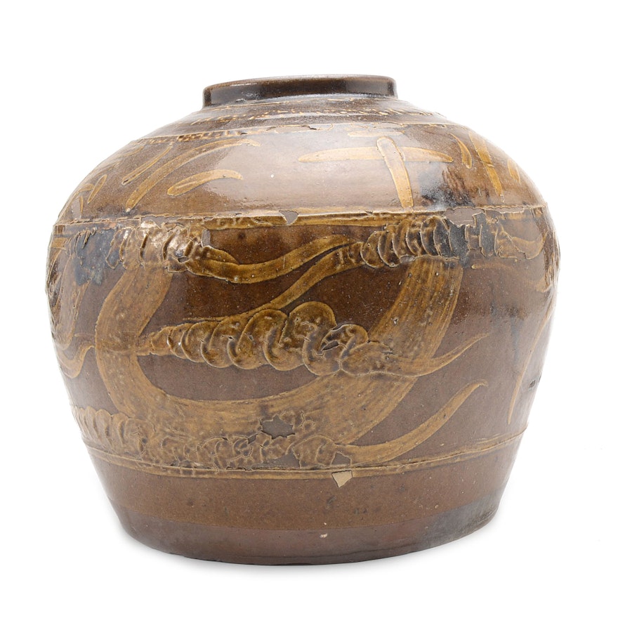 Chinese Stoneware Pottery Jar with Green Glaze