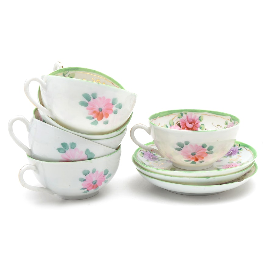 Hand-Painted Porcelain Teacups and Saucers