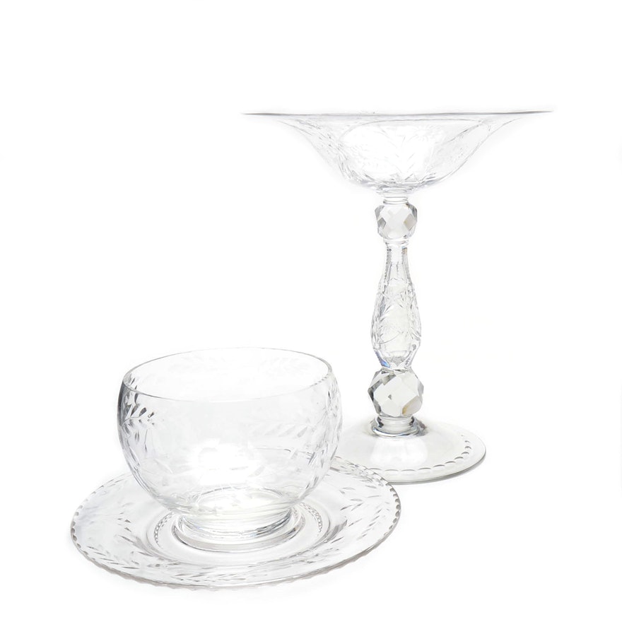 Cut Glass Compote with Condiment Jar with Sacuer