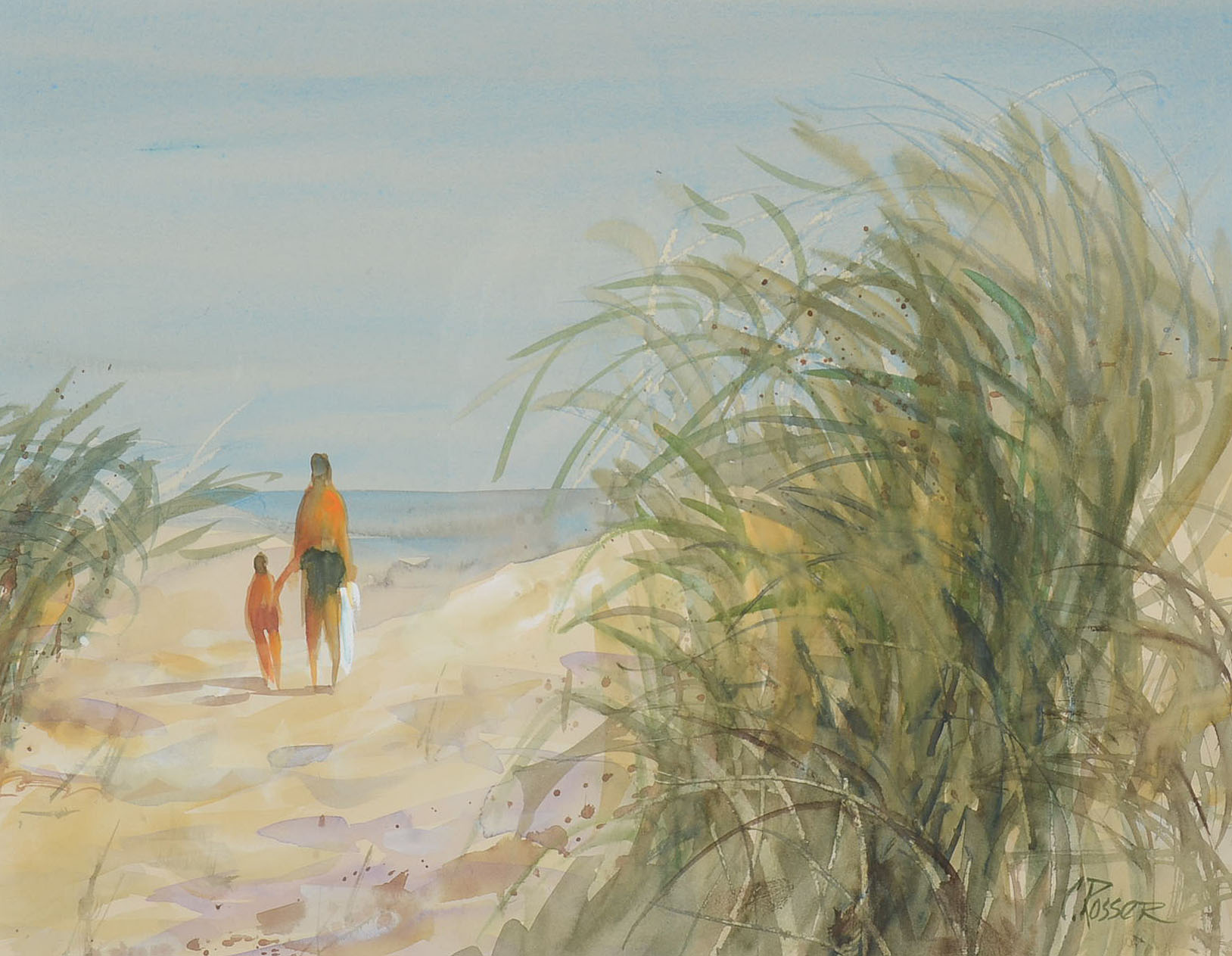 Curtis Rosser Watercolor of Figures on the Beach