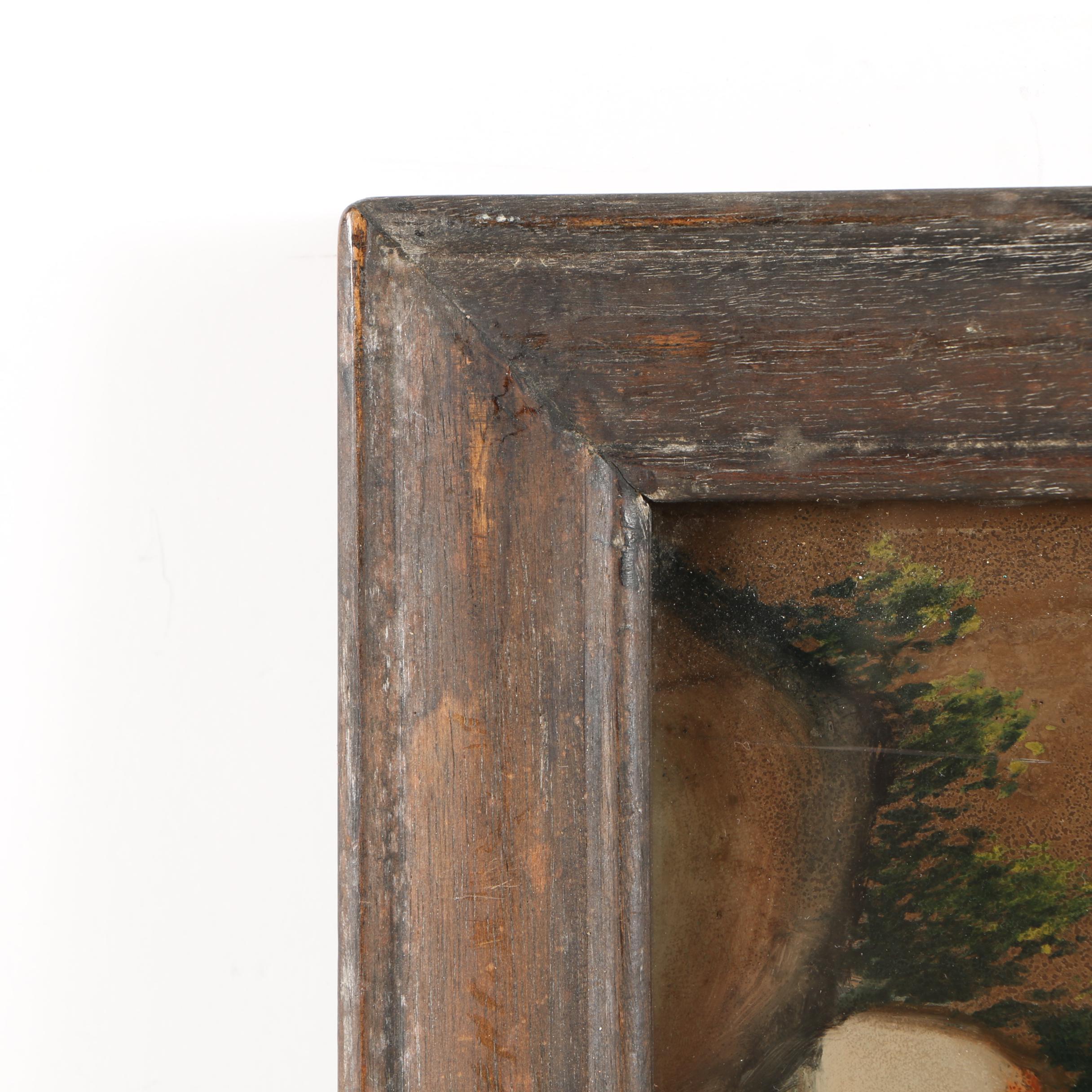 Vintage Chinese-Inspired Reverse Painting on Glass of Seated Figure with Bull