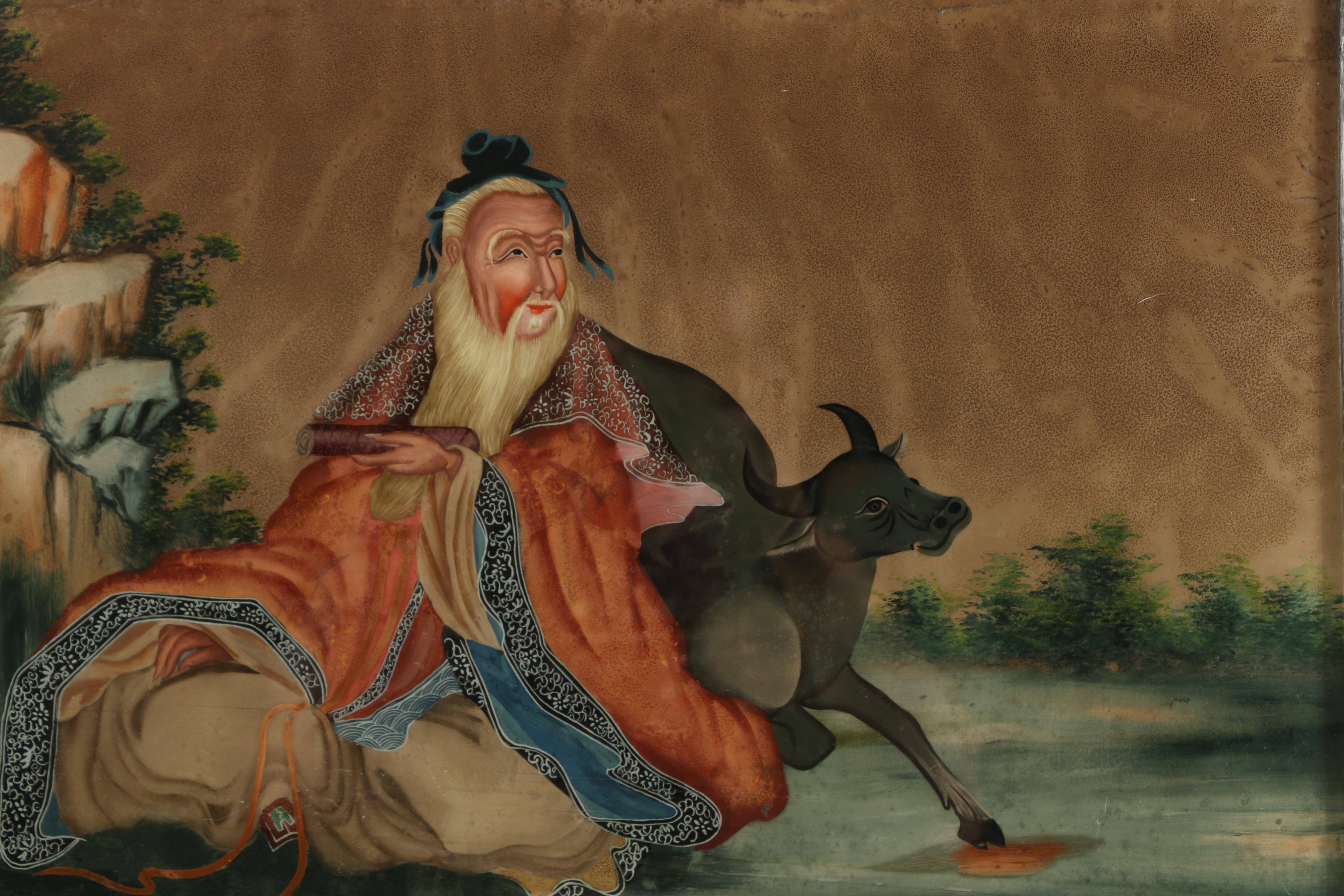 Vintage Chinese-Inspired Reverse Painting on Glass of Seated Figure with Bull
