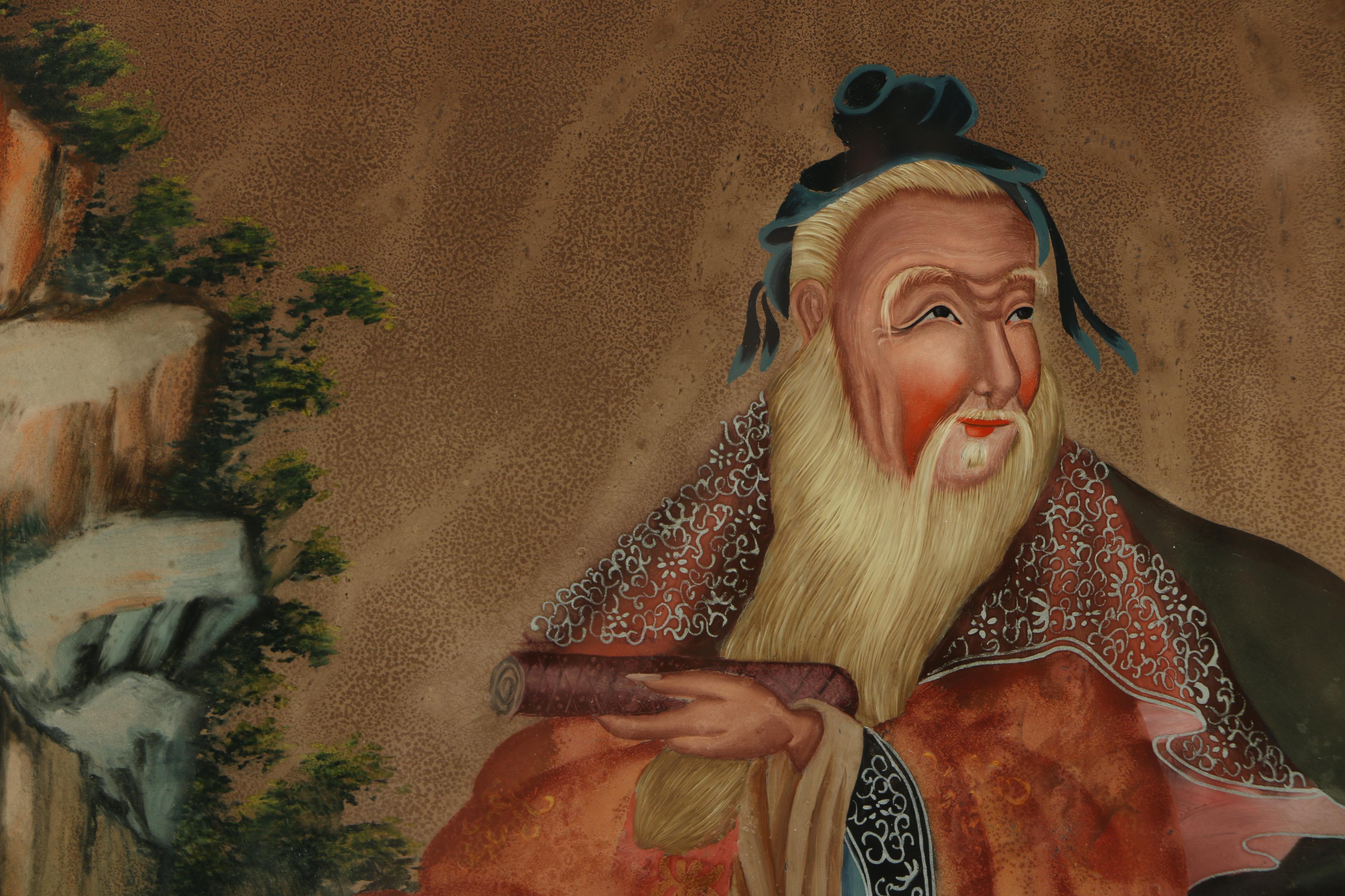 Vintage Chinese-Inspired Reverse Painting on Glass of Seated Figure with Bull