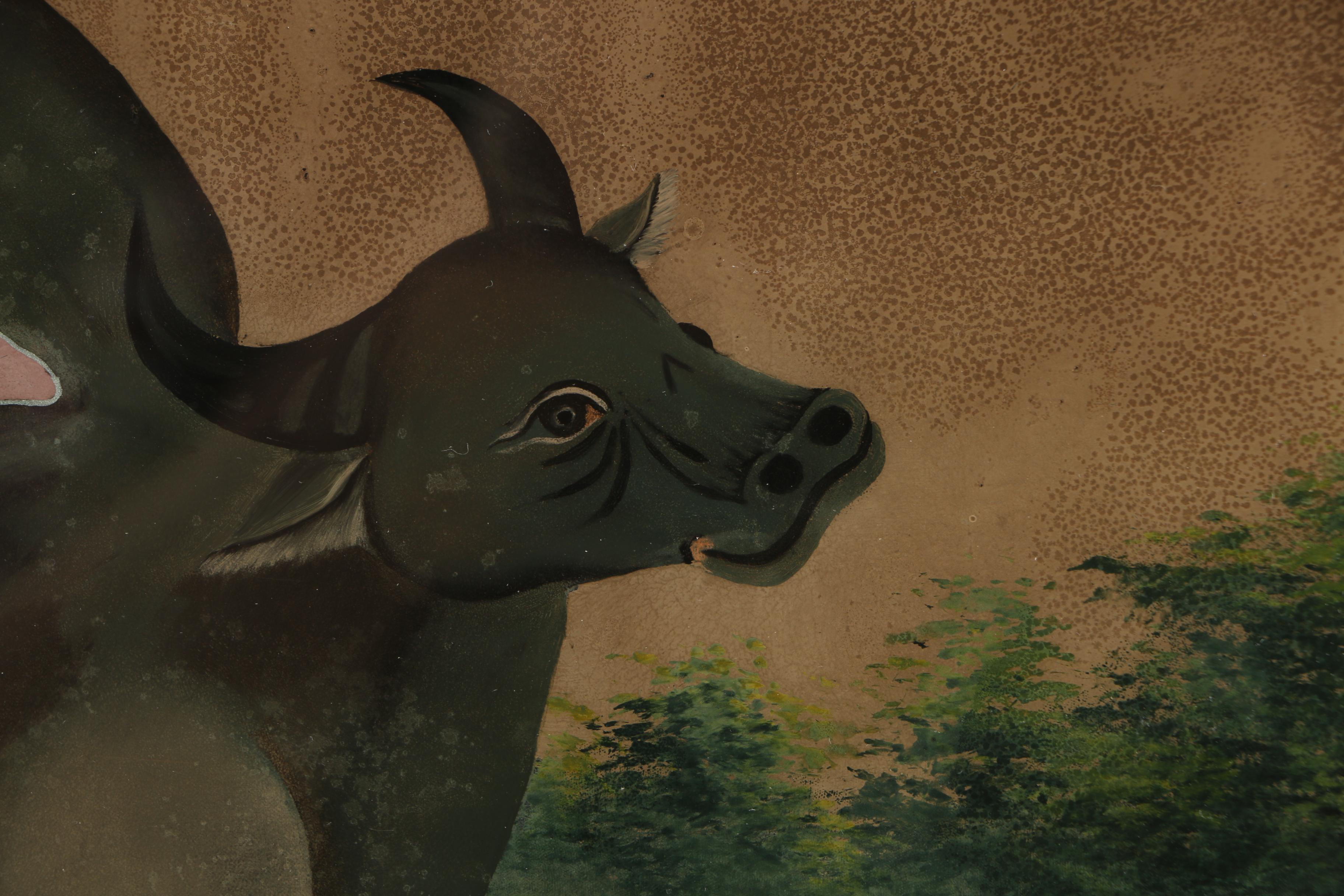 Vintage Chinese-Inspired Reverse Painting on Glass of Seated Figure with Bull